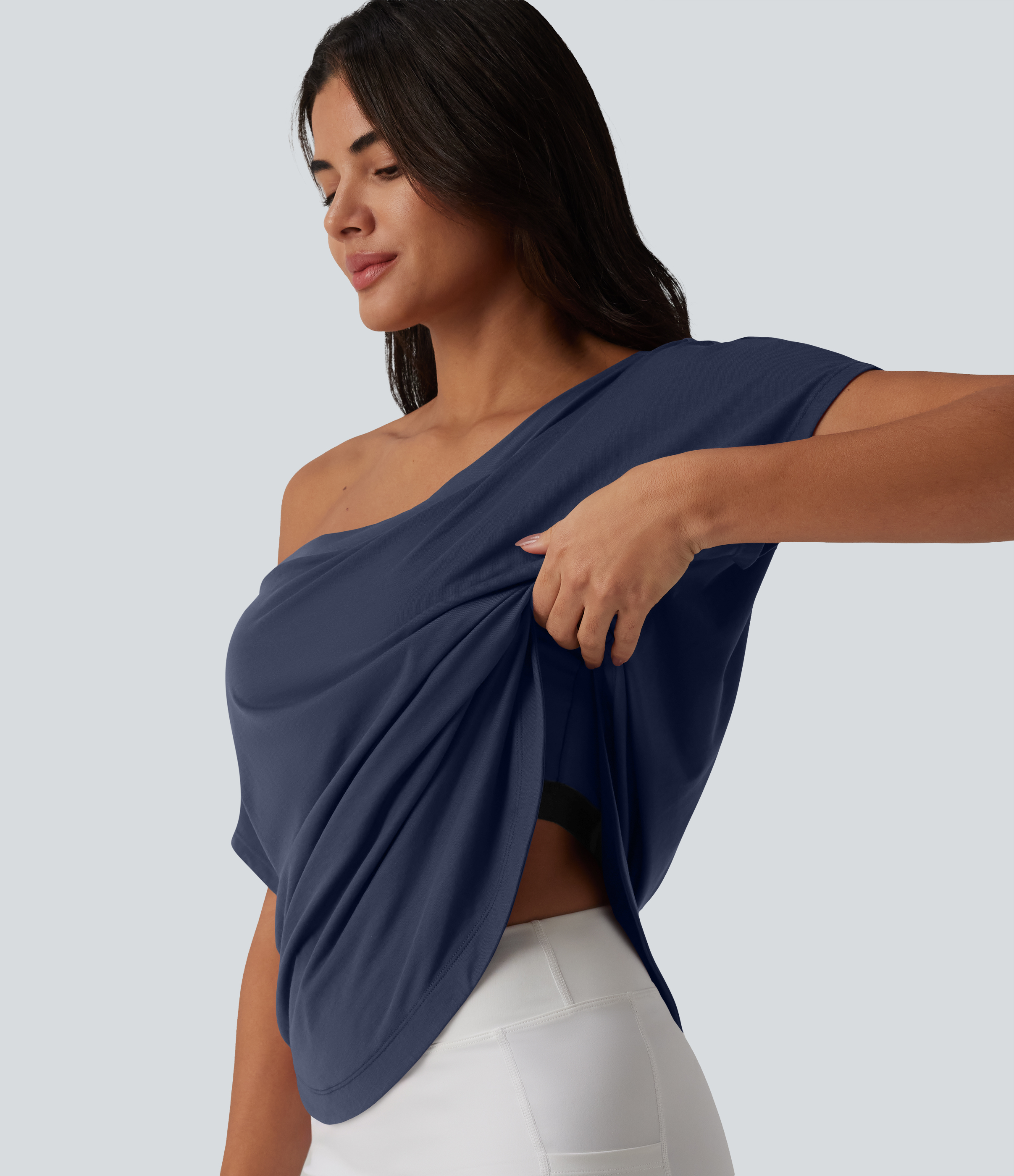 One Shoulder Short Sleeve Curved Hem High Low Quick Dry Yoga Sports Top-Built-in Bra