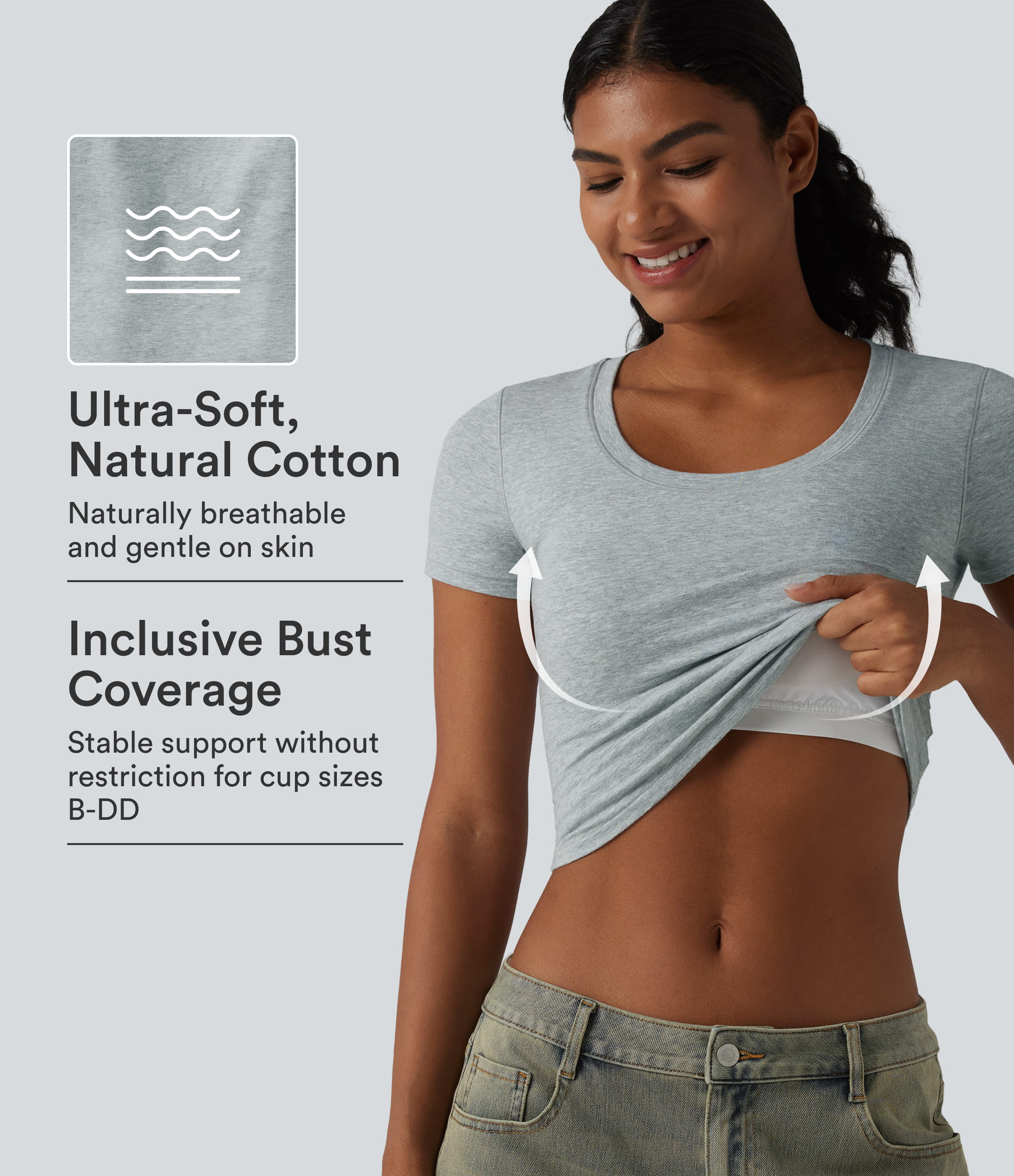 Halara Baumwoll-Jersey T-Shirt mit tiefem Rundhalsausschnitt, kurzen Ärmeln und integriertem BH, lässig