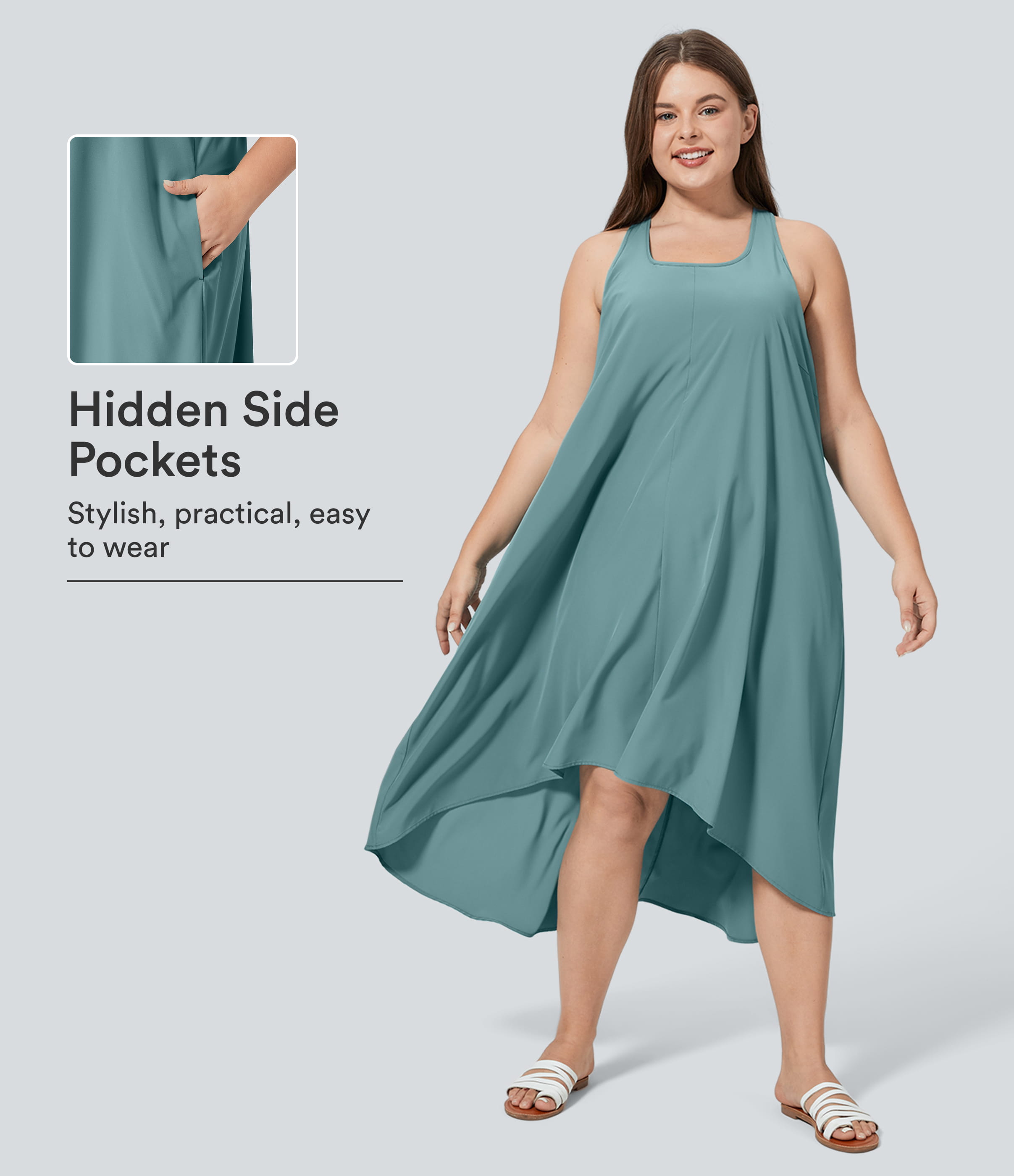 Breezeful™ RacerPocket High Low Flowy Midi Quick Dry Casual Plus Size Dress