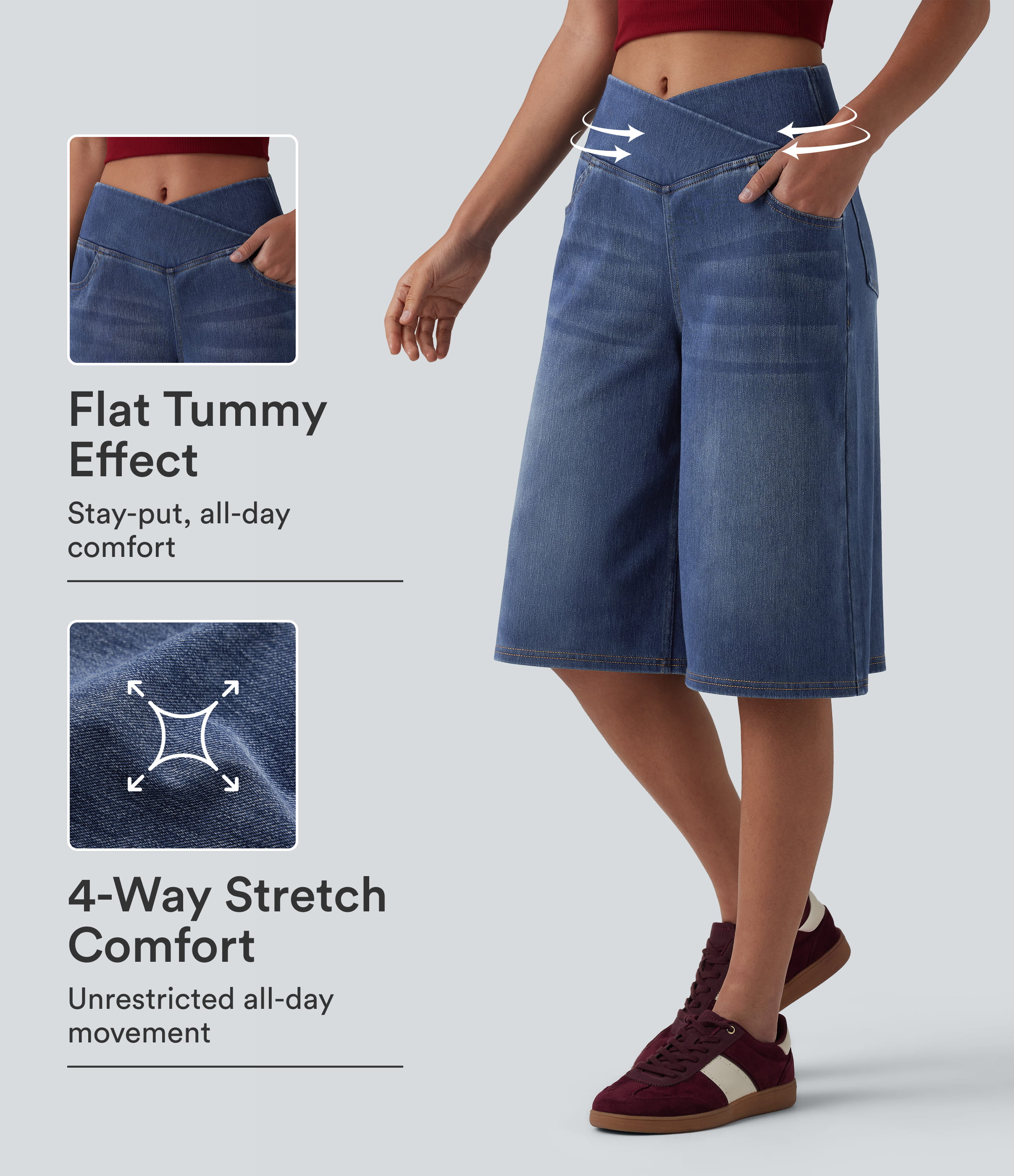 Halara Flex™ Crossover High Waisted Tummy Control Denim Casual Baggy Shorts with Pockets