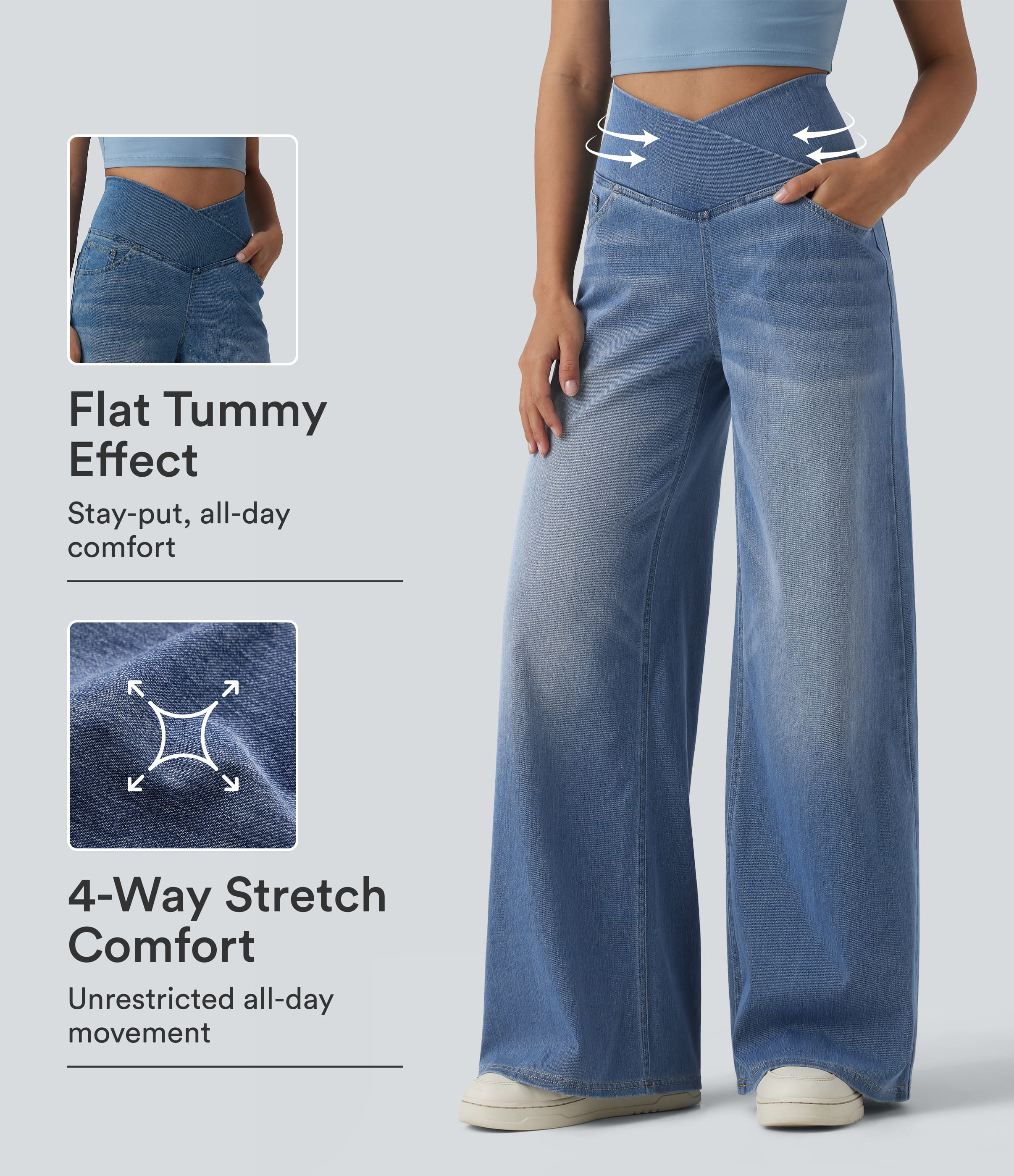 Halara Flex™ Crossover High Waisted Tummy Control Wide Leg Casual Jeans with Pockets