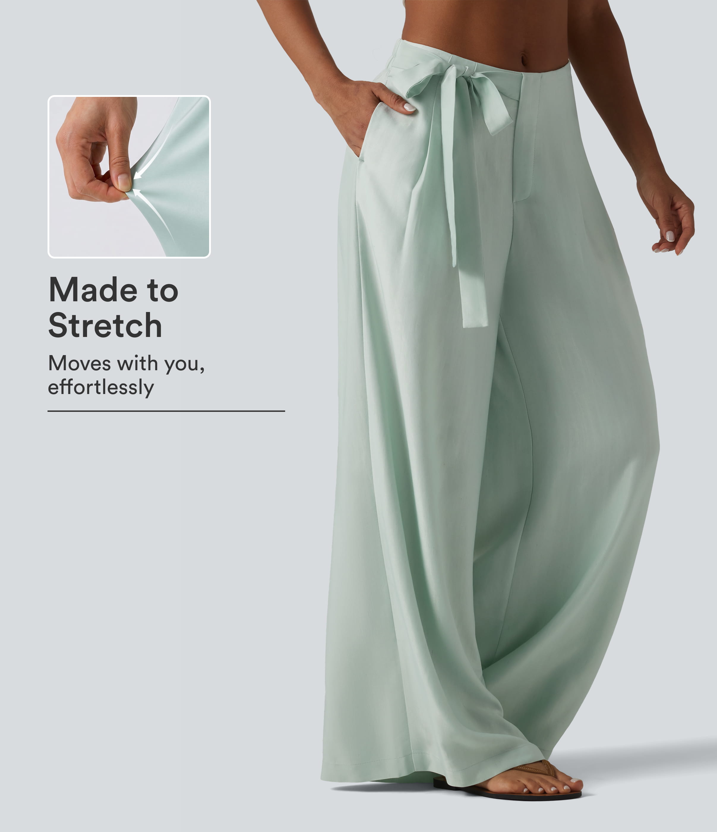 High Waisted Tie Side Baggy Linen-Blend Pants with Pockets