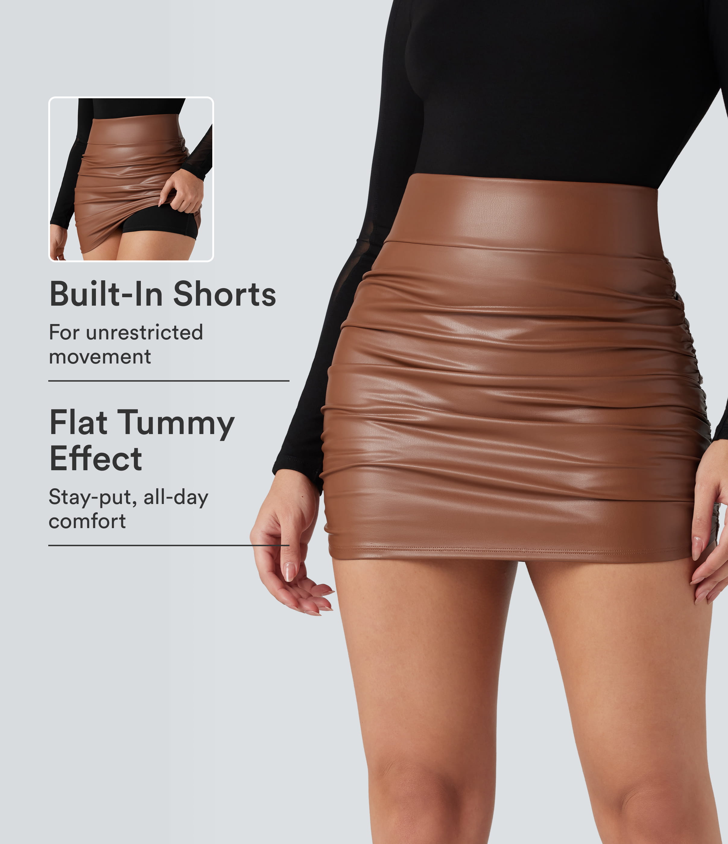 High Waisted Tummy Control Ruched Curved Hem 2-in-1 Fleece PU Mini Bodycon Skirt