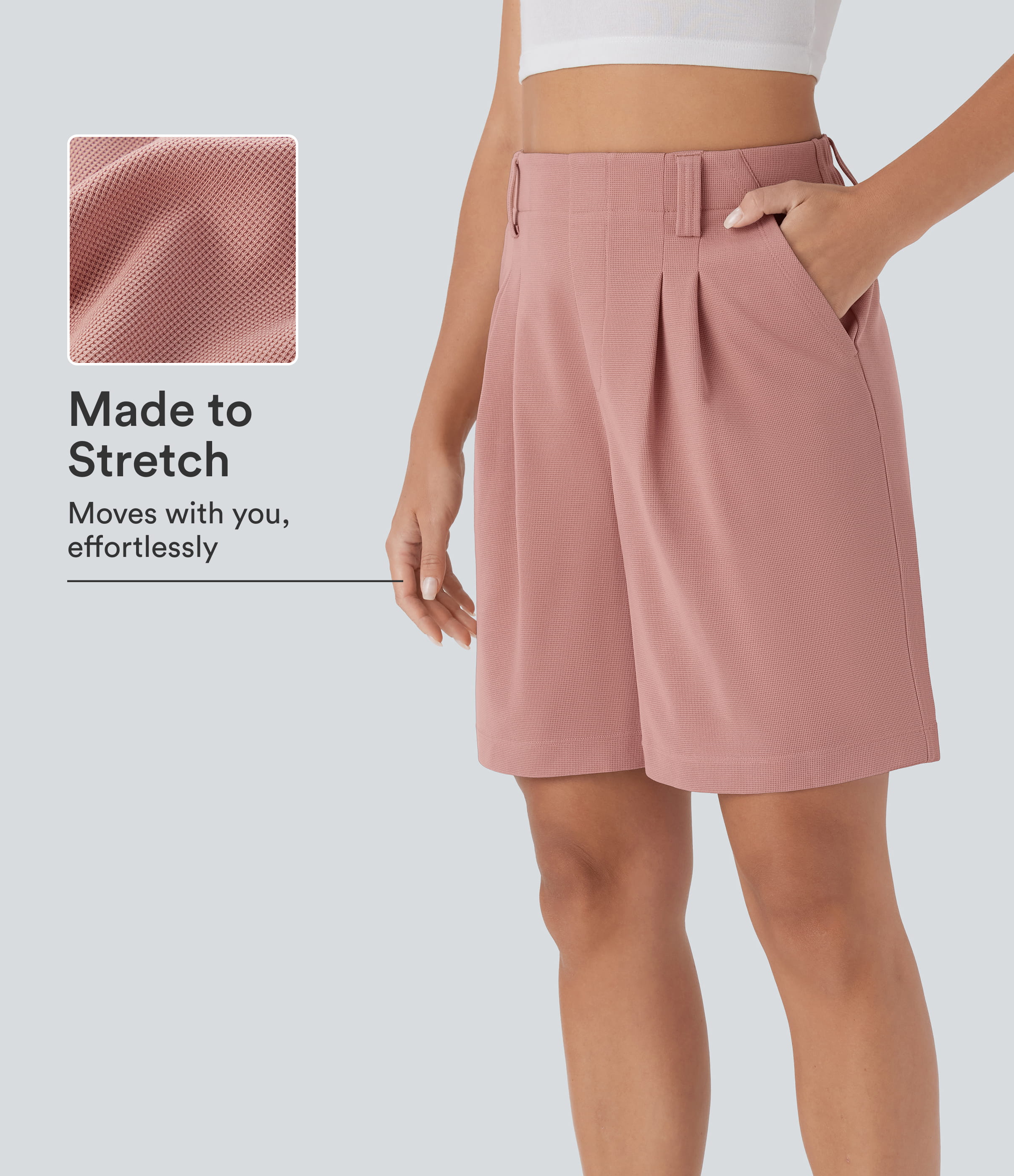 Rose Tan Hohe Taille Taschen Waffel Lässige Bermuda Shorts / 1