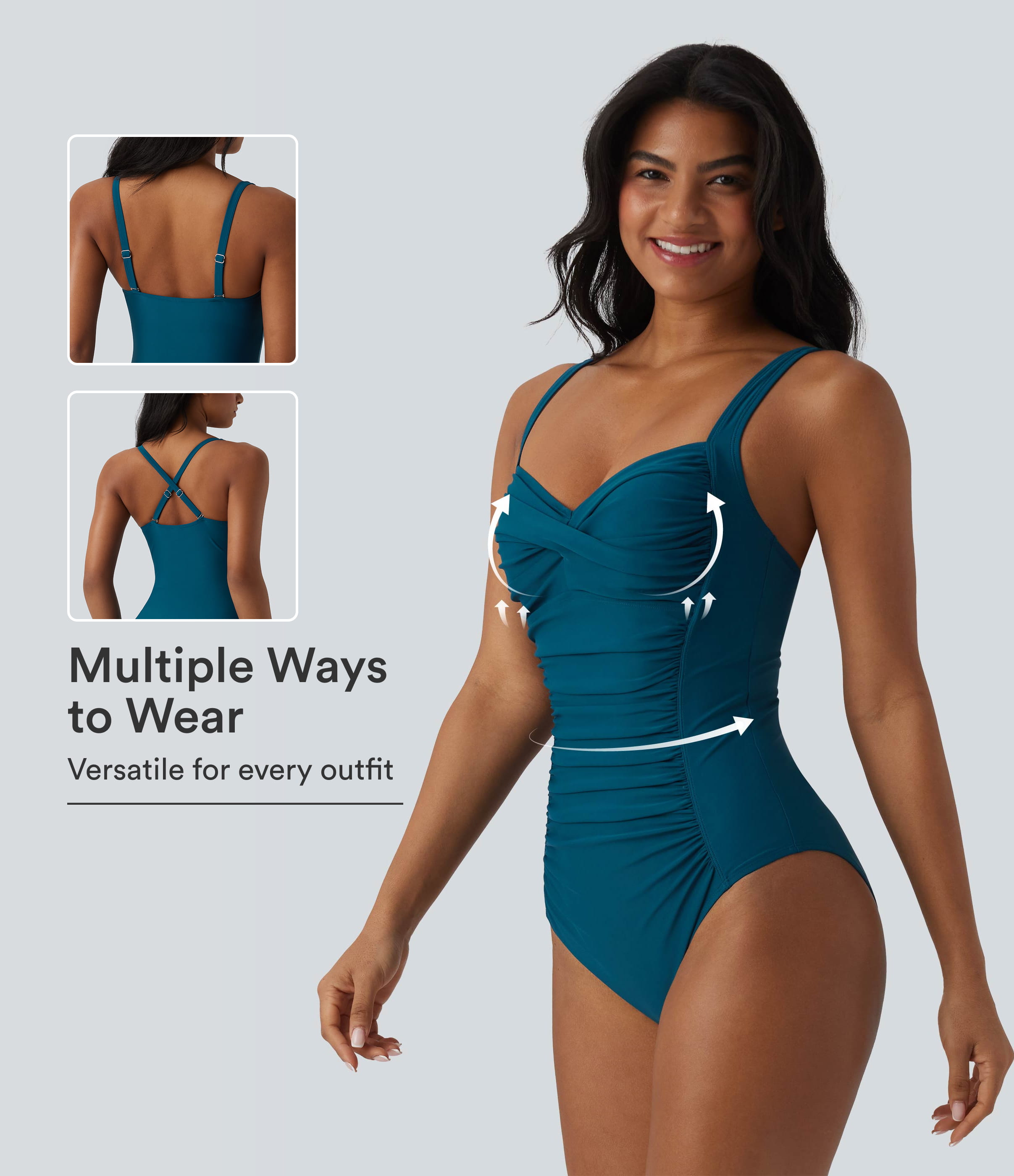 Maillot une-pièce à encolure Queen Anne, bretelles réglables, torsades froncées, effet push-up et contrôle du ventre