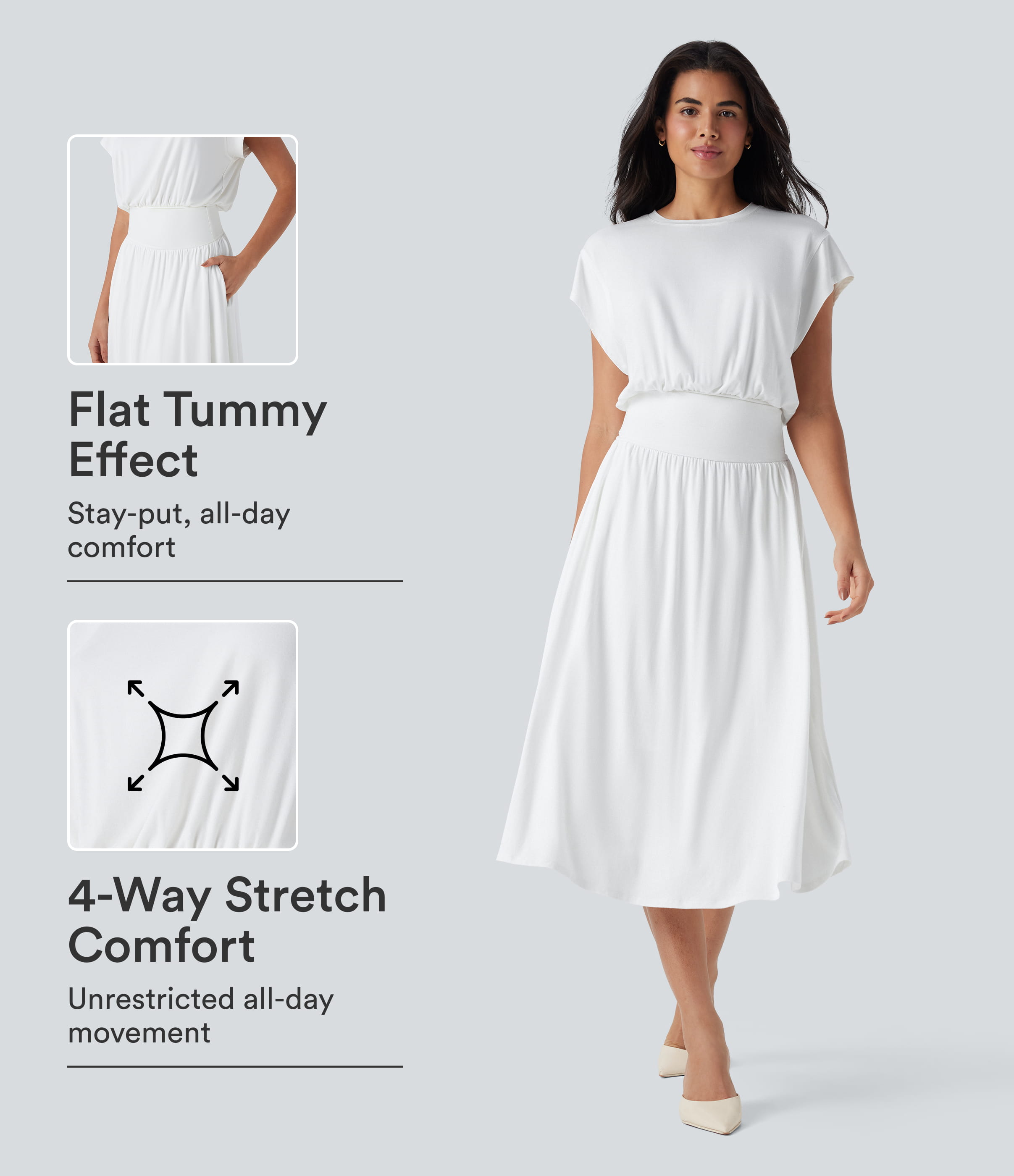 Tummy Control Batwing Sleeve Flowy Midi Work Dress with Pockets