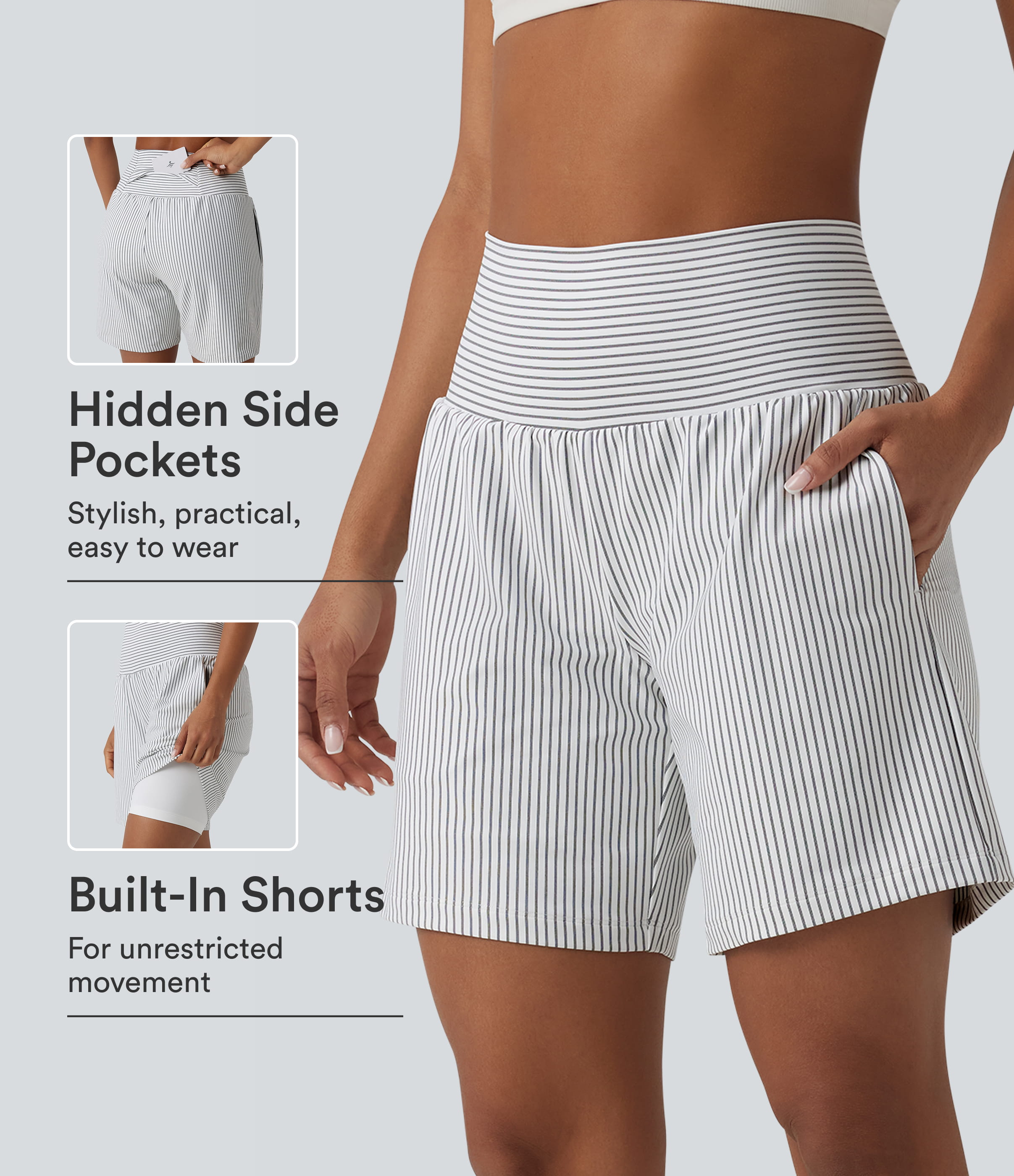 Super High Waisted 2-in-1 Stripe Yoga Shorts 7'' with Pockets