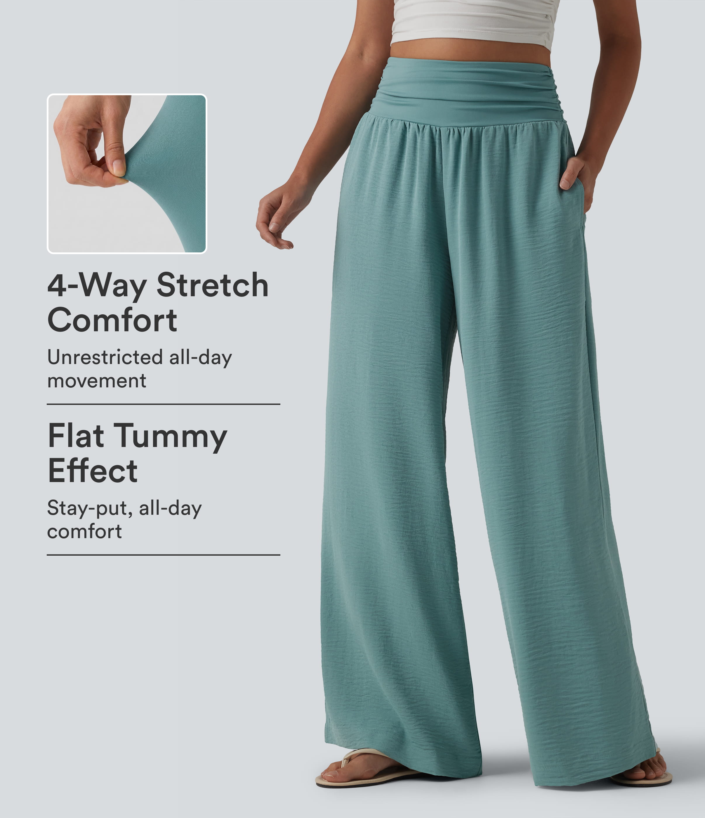 High Waisted Ruched Tummy Control Linen-Feel Casual Baggy Pants with Pockets