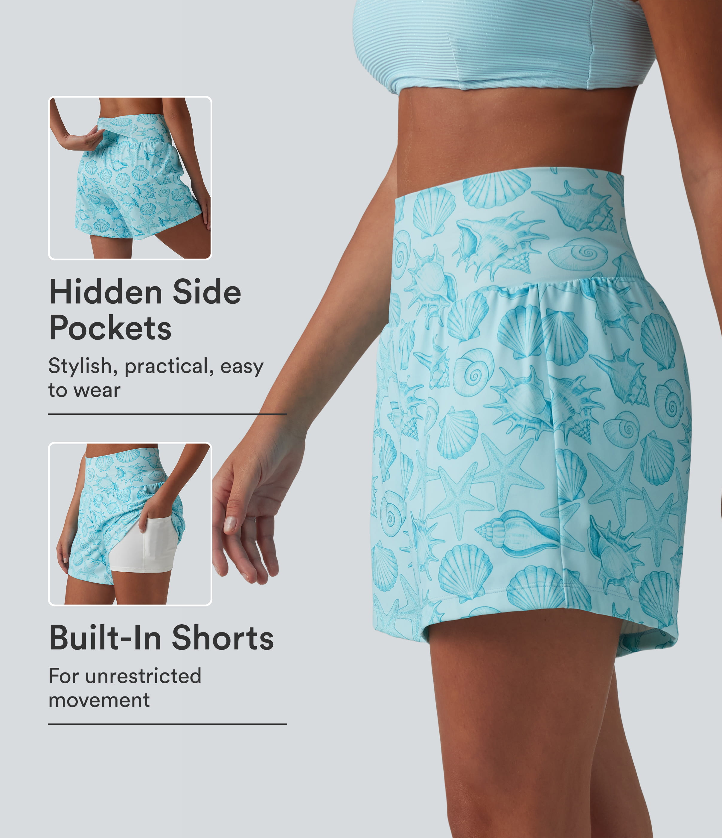 High Waisted 2-in-1 Seashell Shorts 5'' with Pockets
