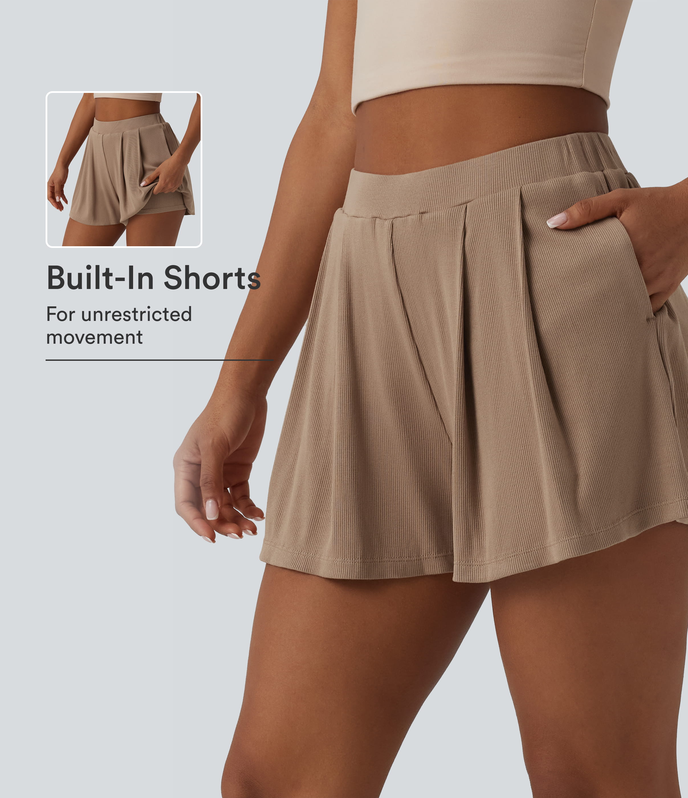 Ribbed Knit High Waisted 2-in-1 Casual Shorts with Pockets