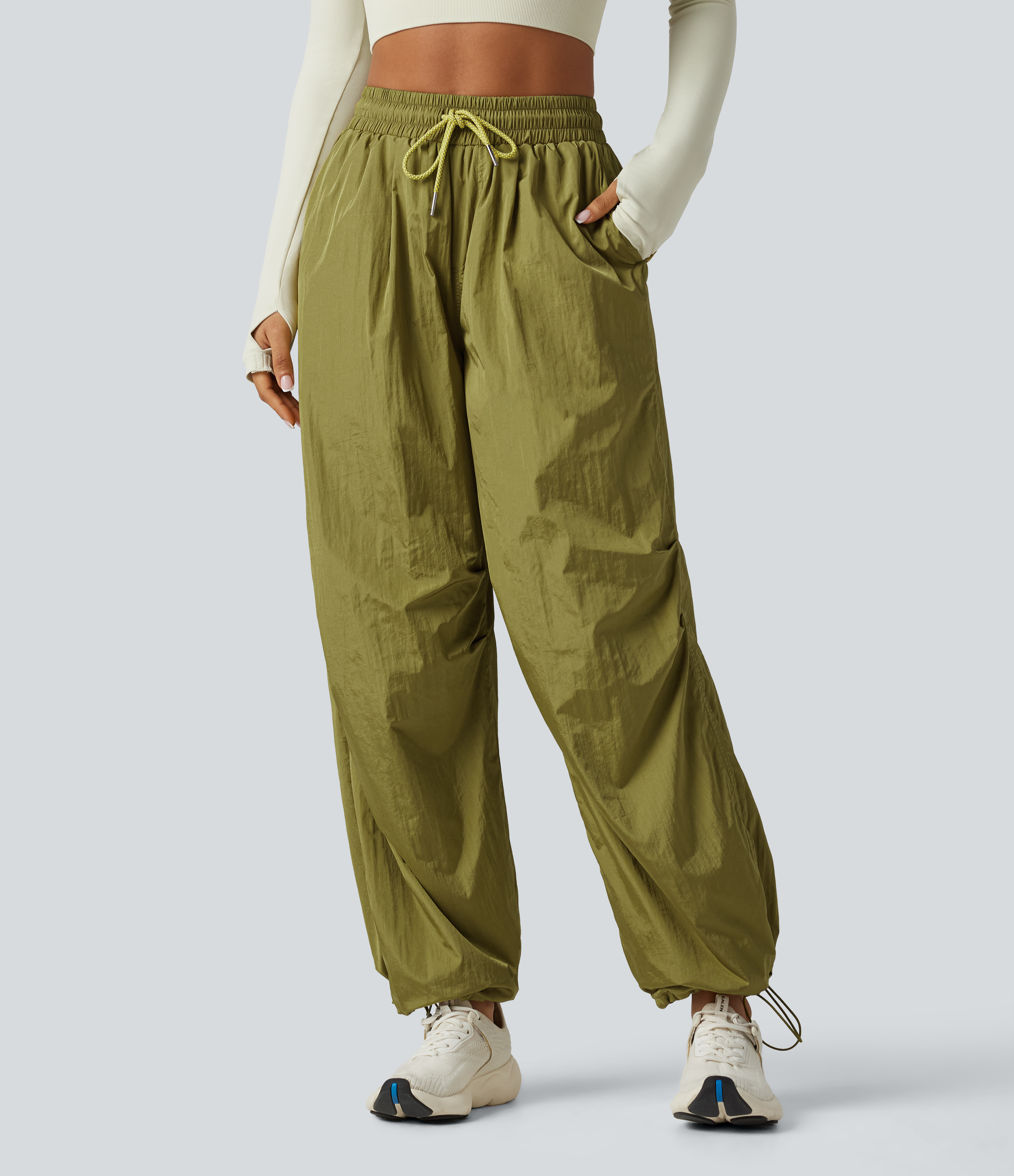 High Waisted Drawstring Ruched Hiking Cargo Baggy Pants with Pockets