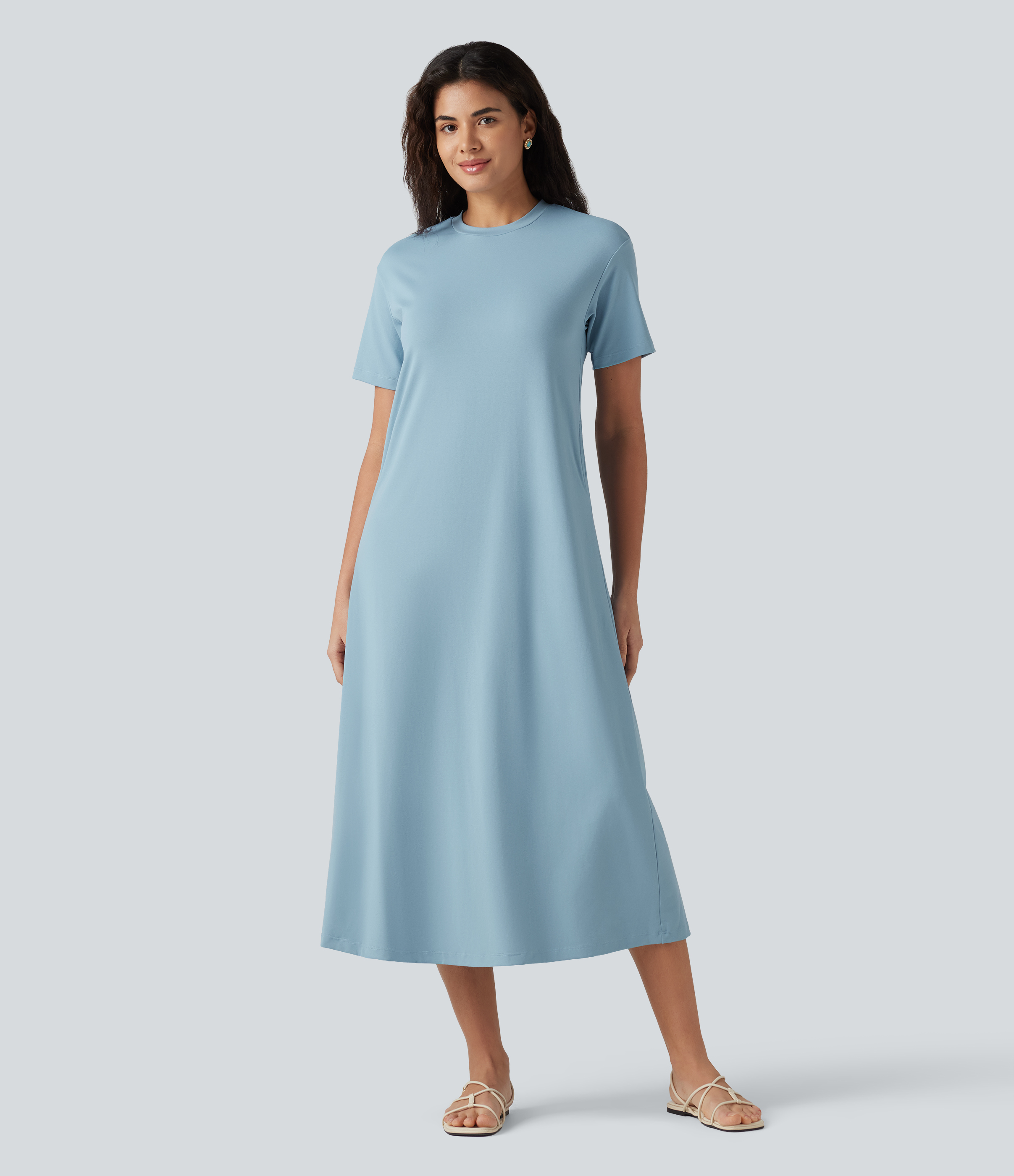 Round Neck Short Sleeve Midi Casual Dress with Pockets