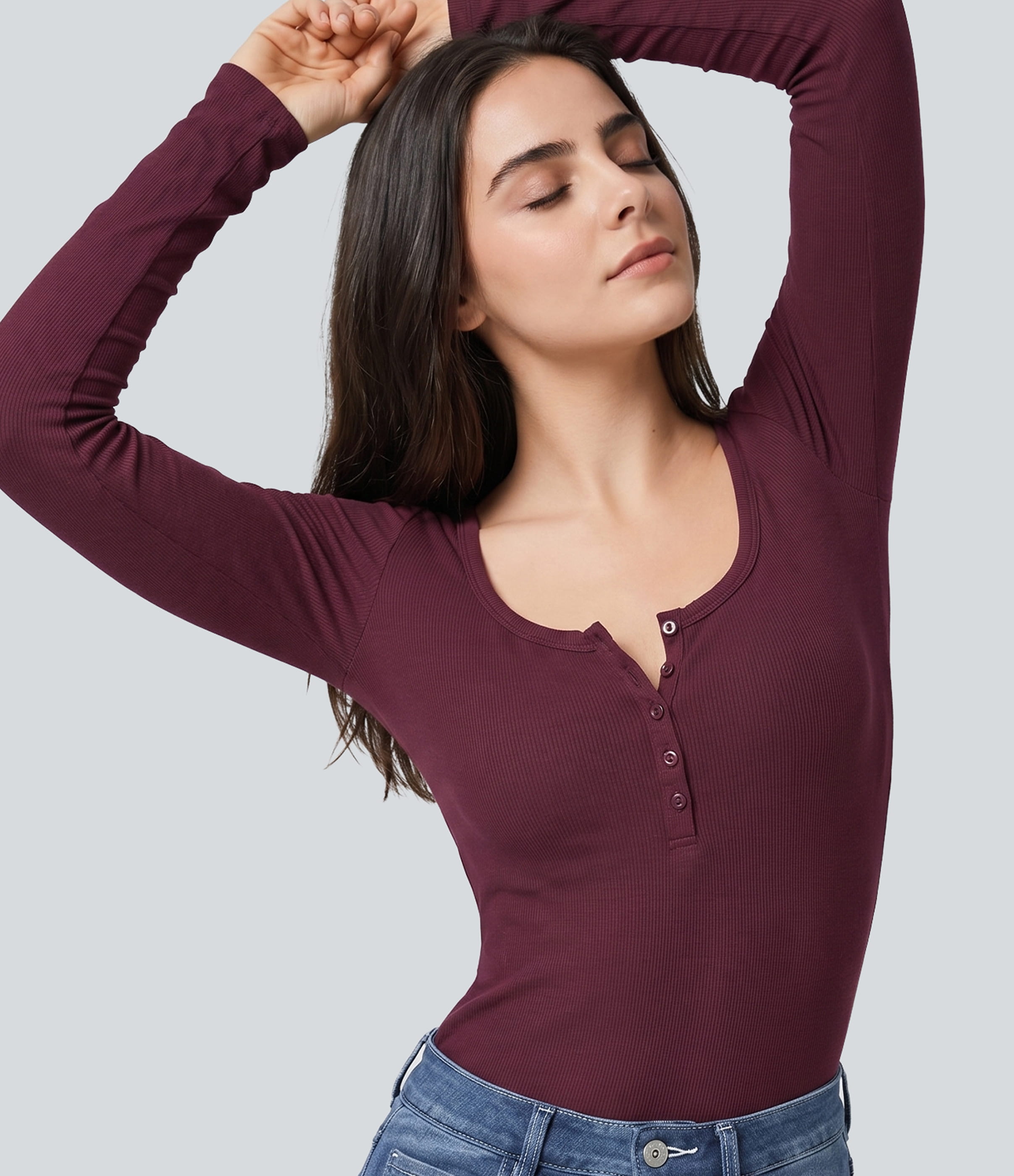 Ribbed Henley Neck Long Sleeve Slim Casual T-Shirt