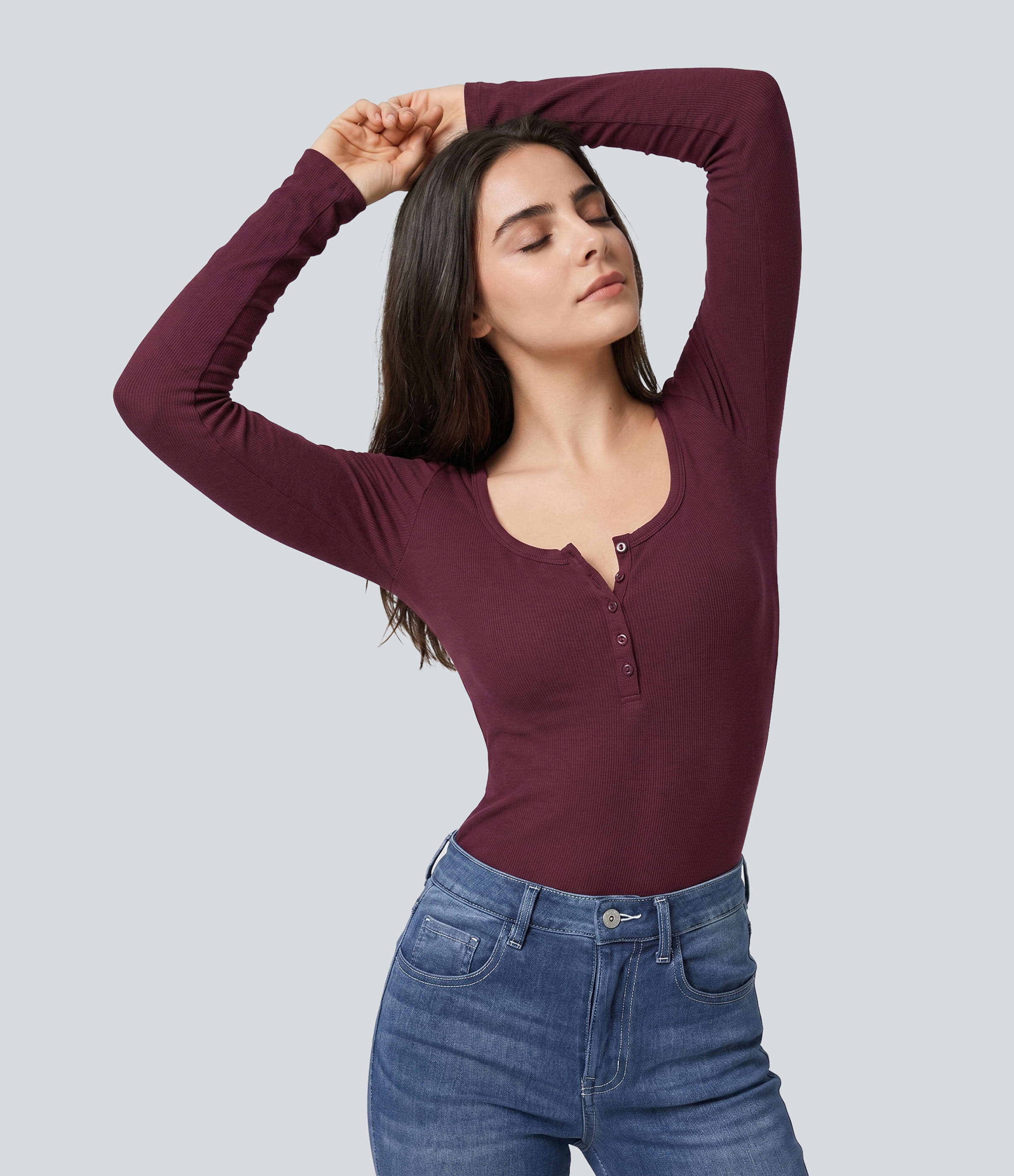 Ribbed Henley Neck Long Sleeve Slim Casual T-Shirt