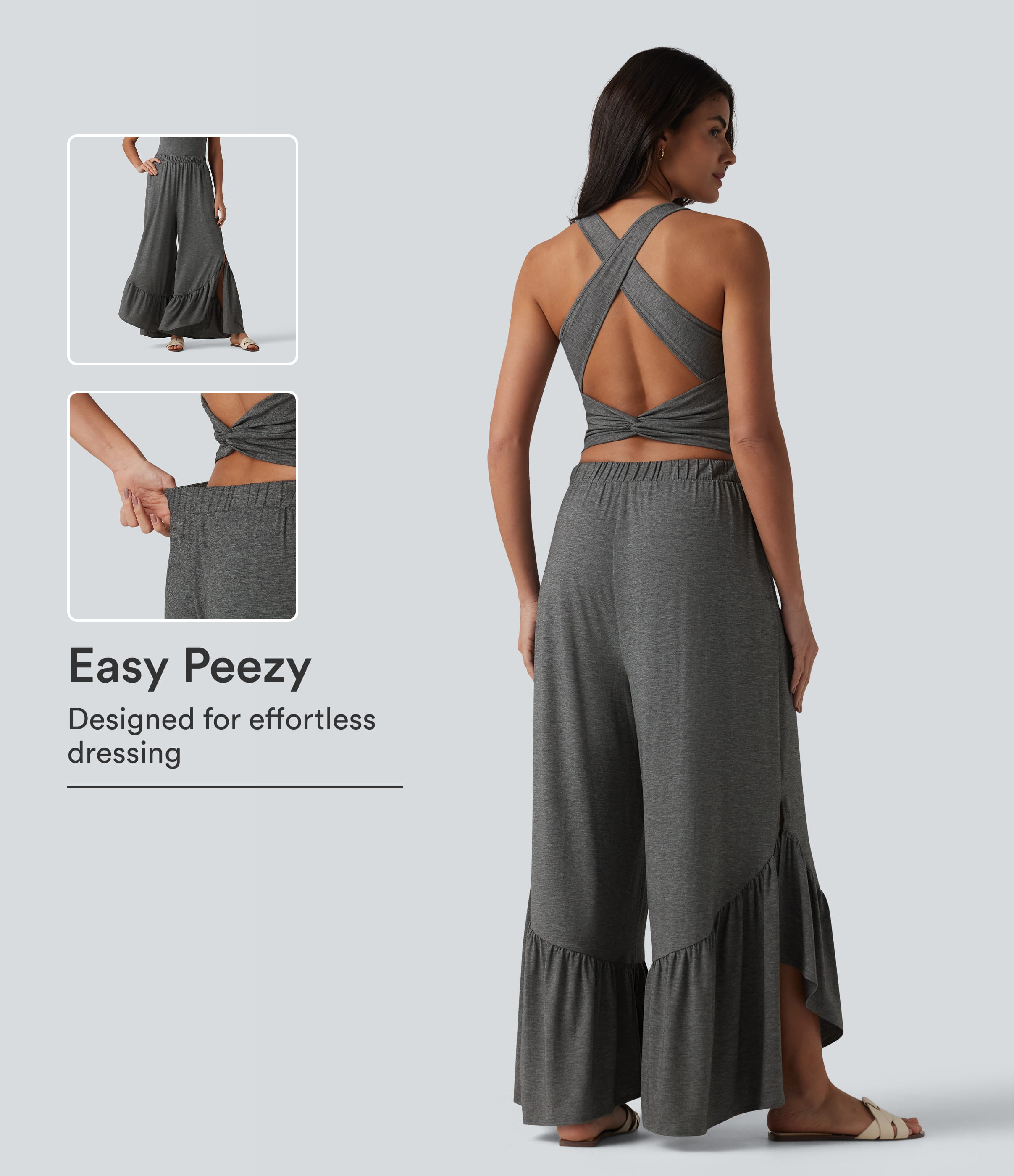 Crisscross Backless U-Neck Sleeveless Ruffle Hem Flowy Casual Jumpsuit with Pockets-Easy Peezy