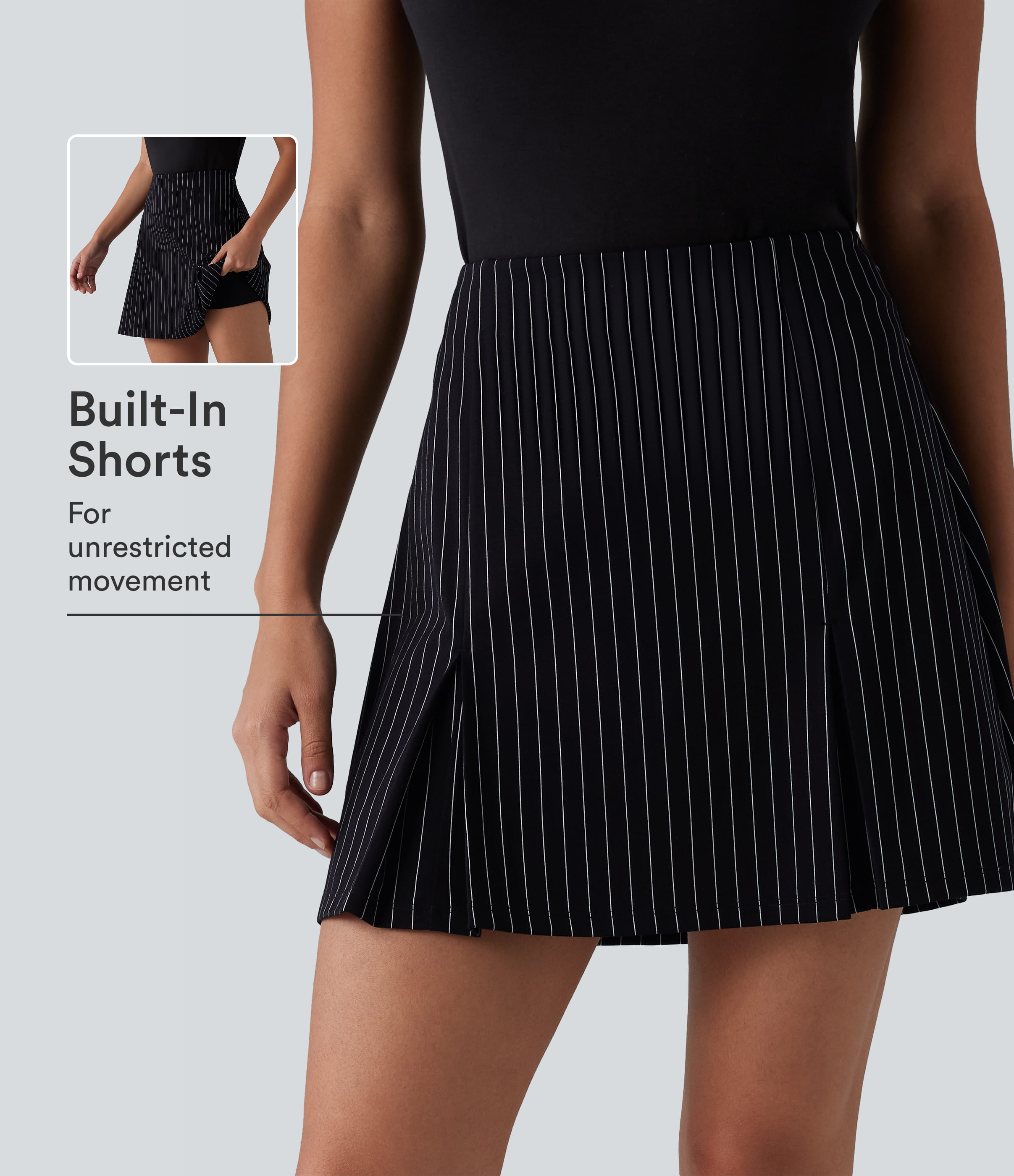 High Waisted Longer Mini 2-in-1 Cool Touch Stripe Work A-Line Skirt