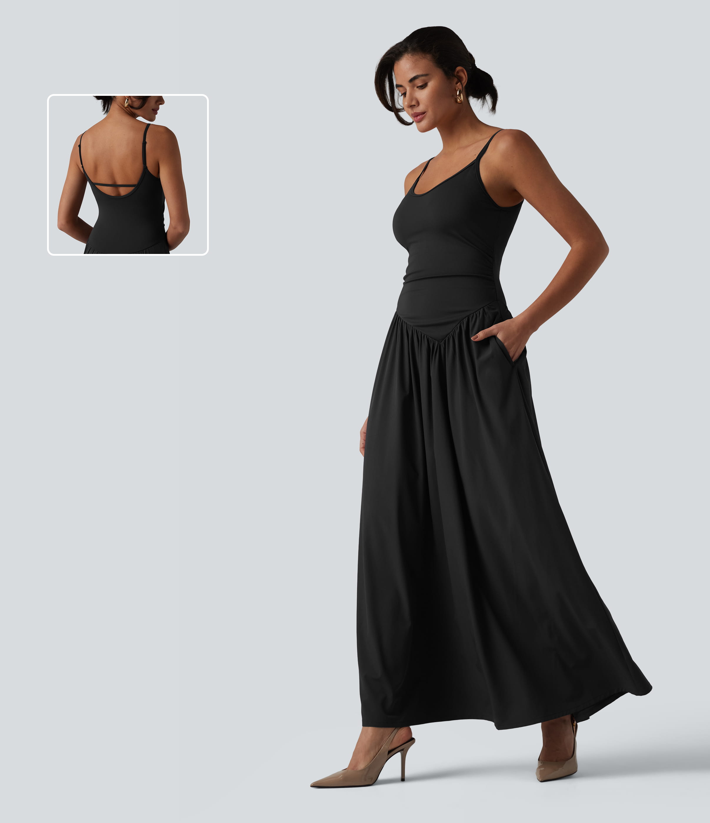 Breezeful™ Backless Adjustable Straps Ruched Built-in Bra Flowy Maxi Quick Dry Bridesmaid and Wedding Guest Slip Dress with Pockets