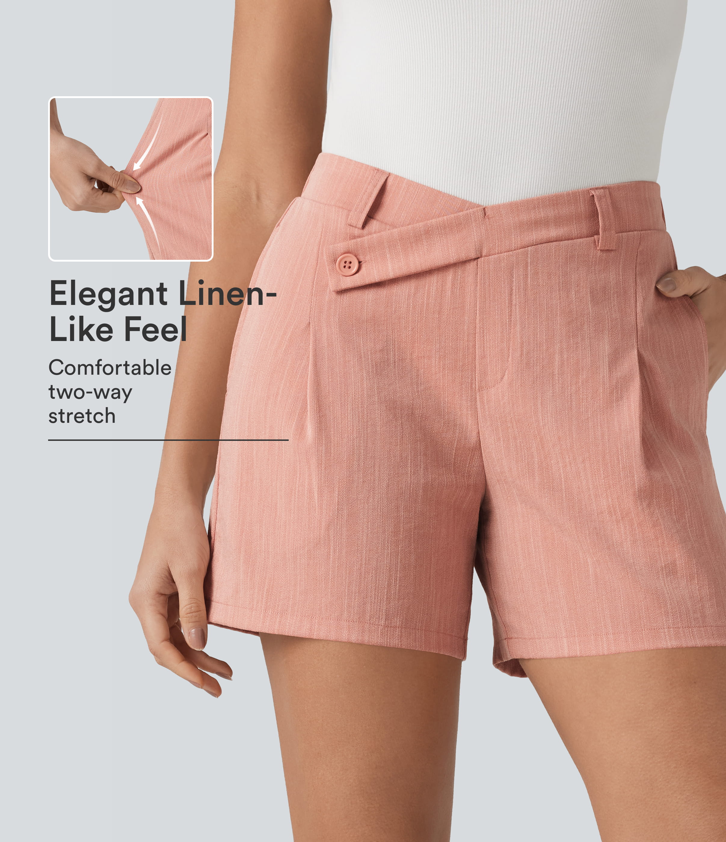 Asymmetric Mid Rise Linen-Feel Work Baggy Shorts 5'' with Pockets
