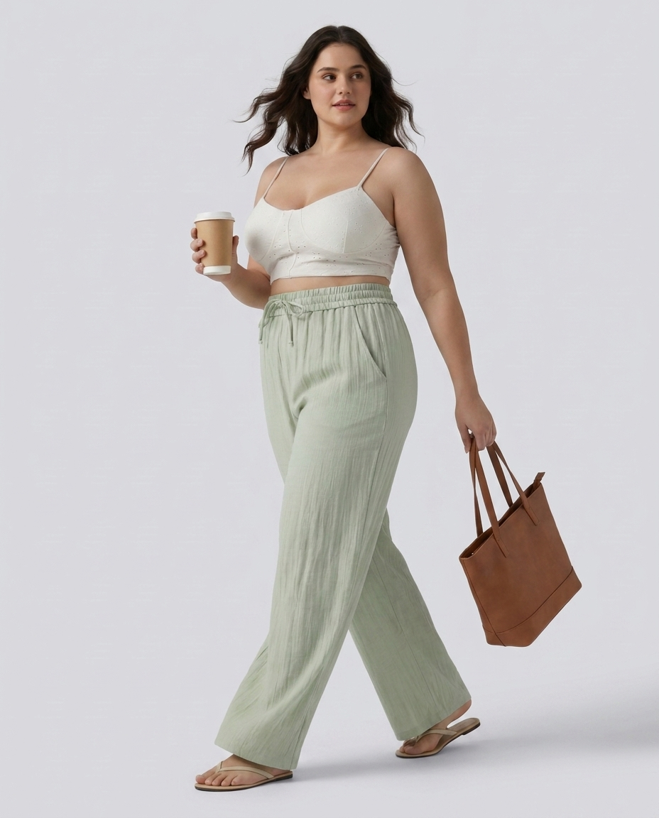 Pale Aqua High Waisted Drawstring Linen-Feel Wide Leg Casual Plus Size Trousers with Pockets / 2