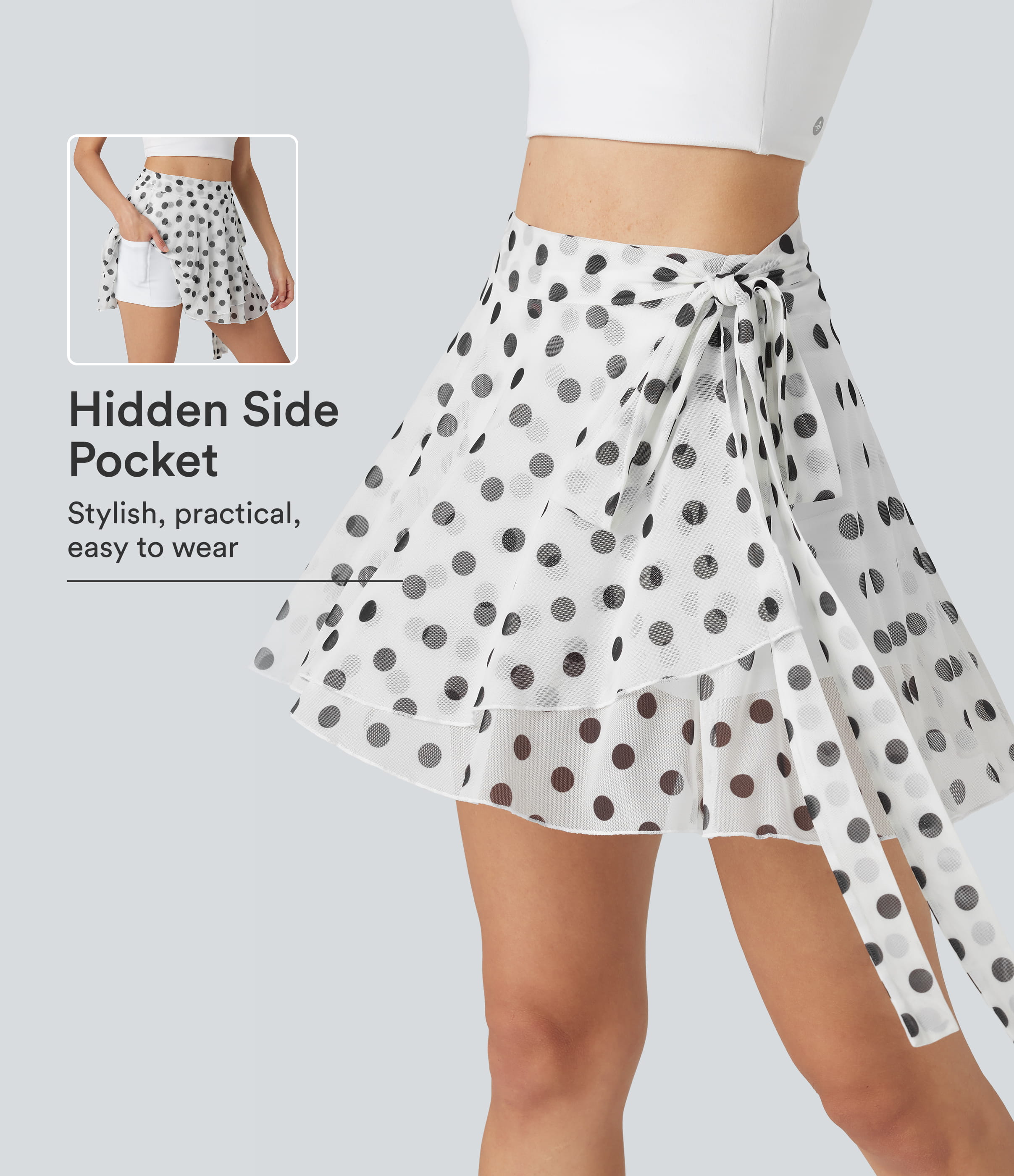 High Waisted Tie Side 2-in-1 Flowy Polka Dot Mesh Micro Mini Flare Skirt with Pocket