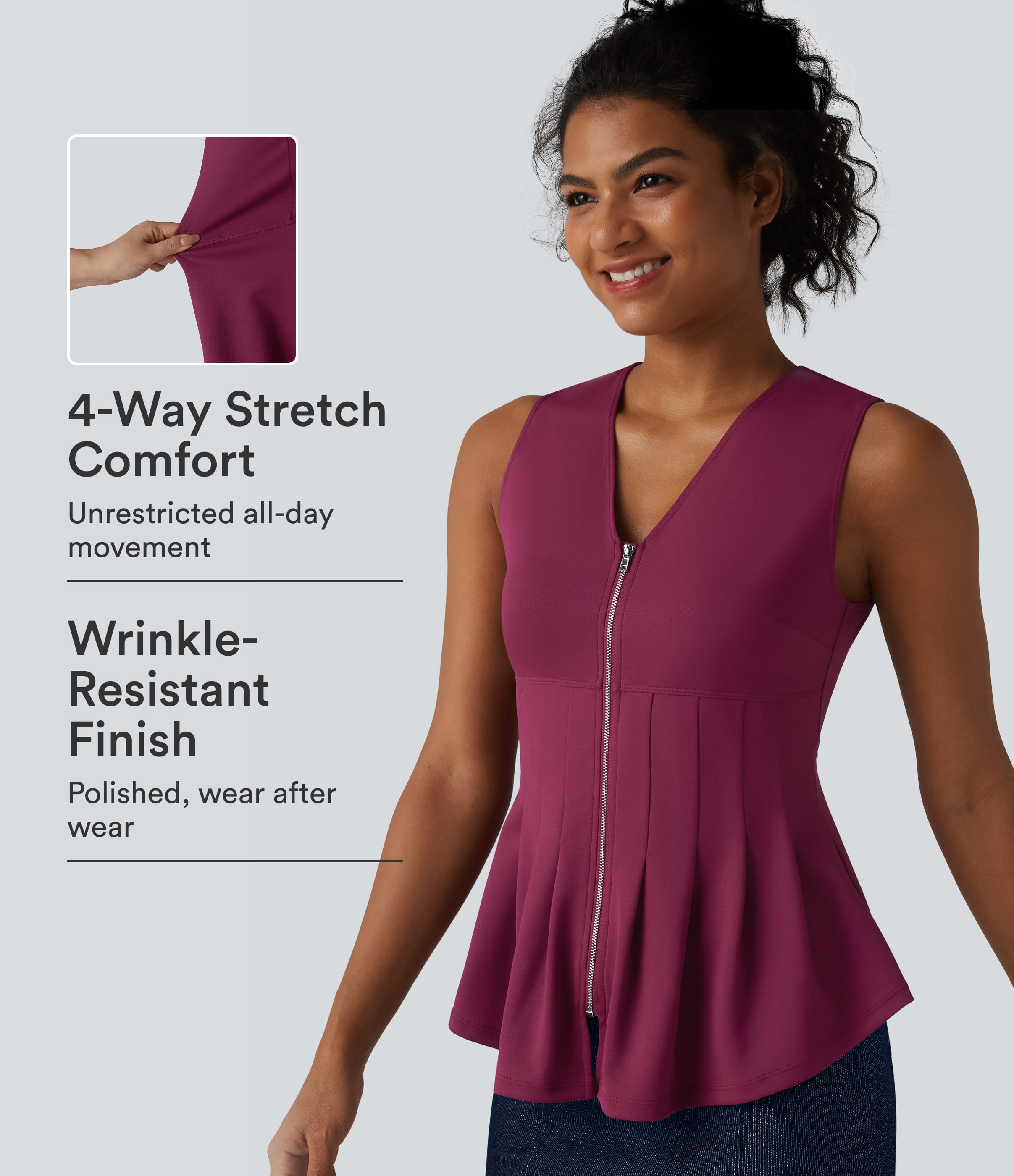 V Neck Zipper Crepe Casual Tank Top