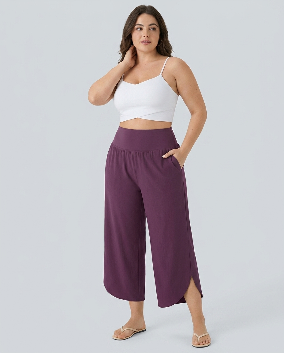 Amaranth Plus Size Breezeful™ High Waisted Tummy Control Hem Quick Dry Trousers with Pockets / 2