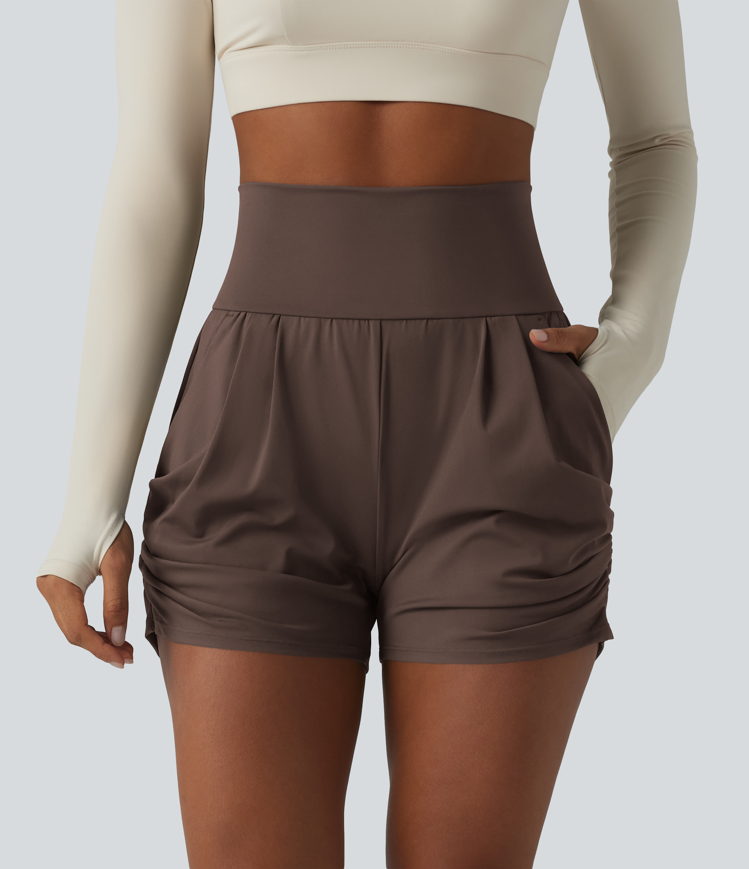SoftlyZero™ Airy High Waisted Ruched InstantCool Yoga Shorts 3'' with Pockets