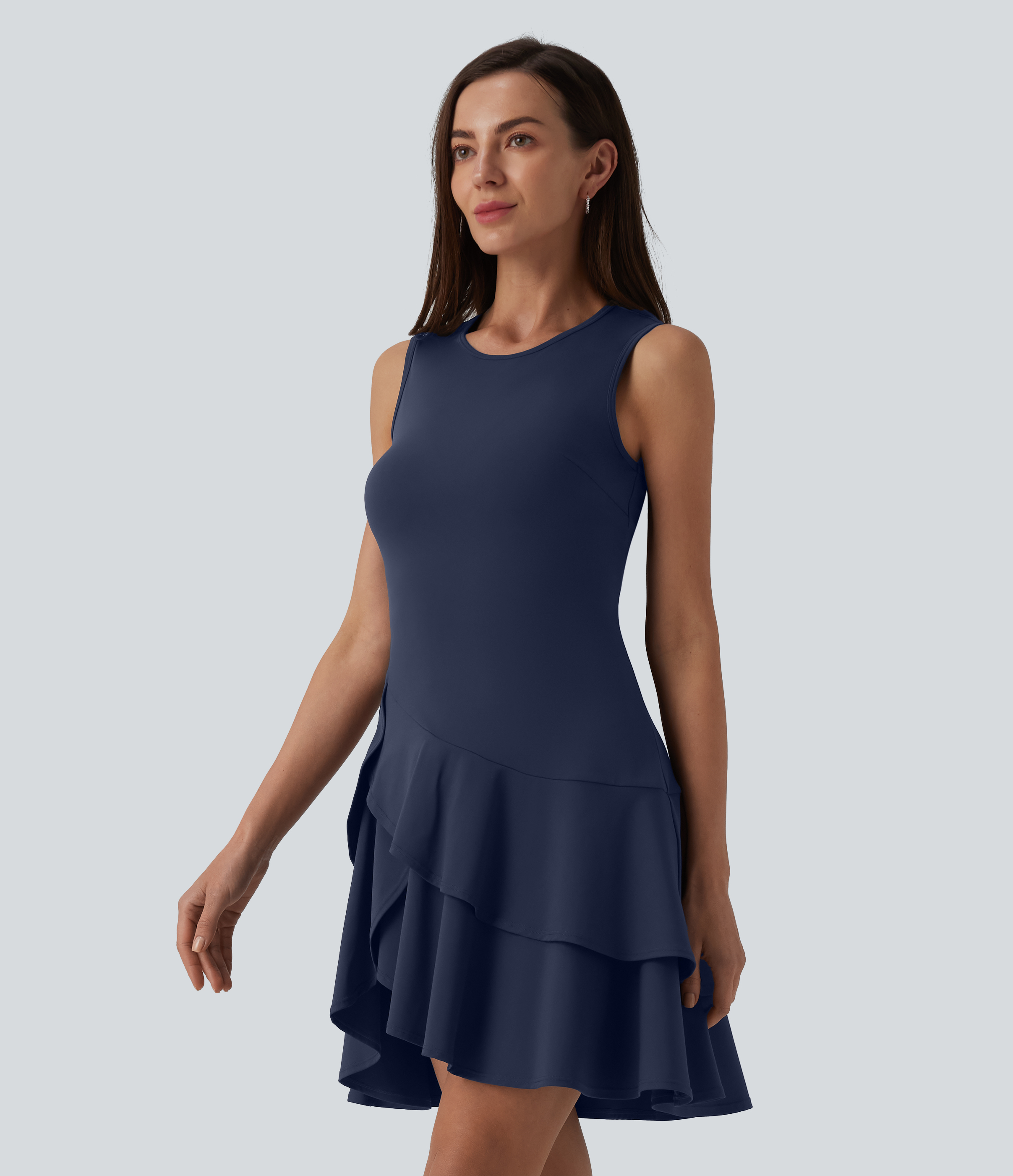 SoftlyZero™ Airy Round Neck Sleeveless Layered Ruffle Hem InstantCool Mini Casual Dress