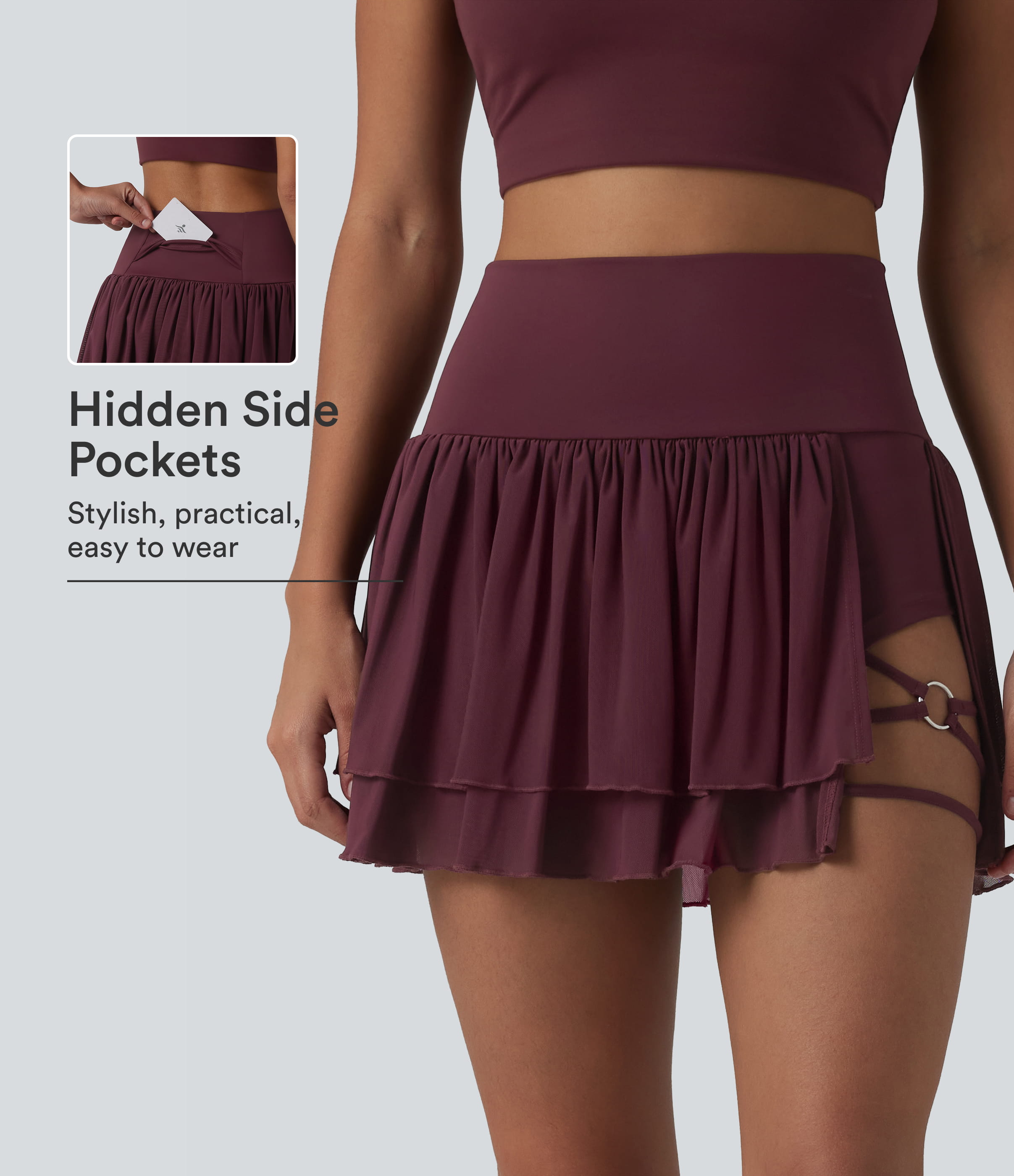 High Waisted 2-in-1 Asymmetric Hem Mini Breathable Mesh Dance Tiered Skirt with Pockets