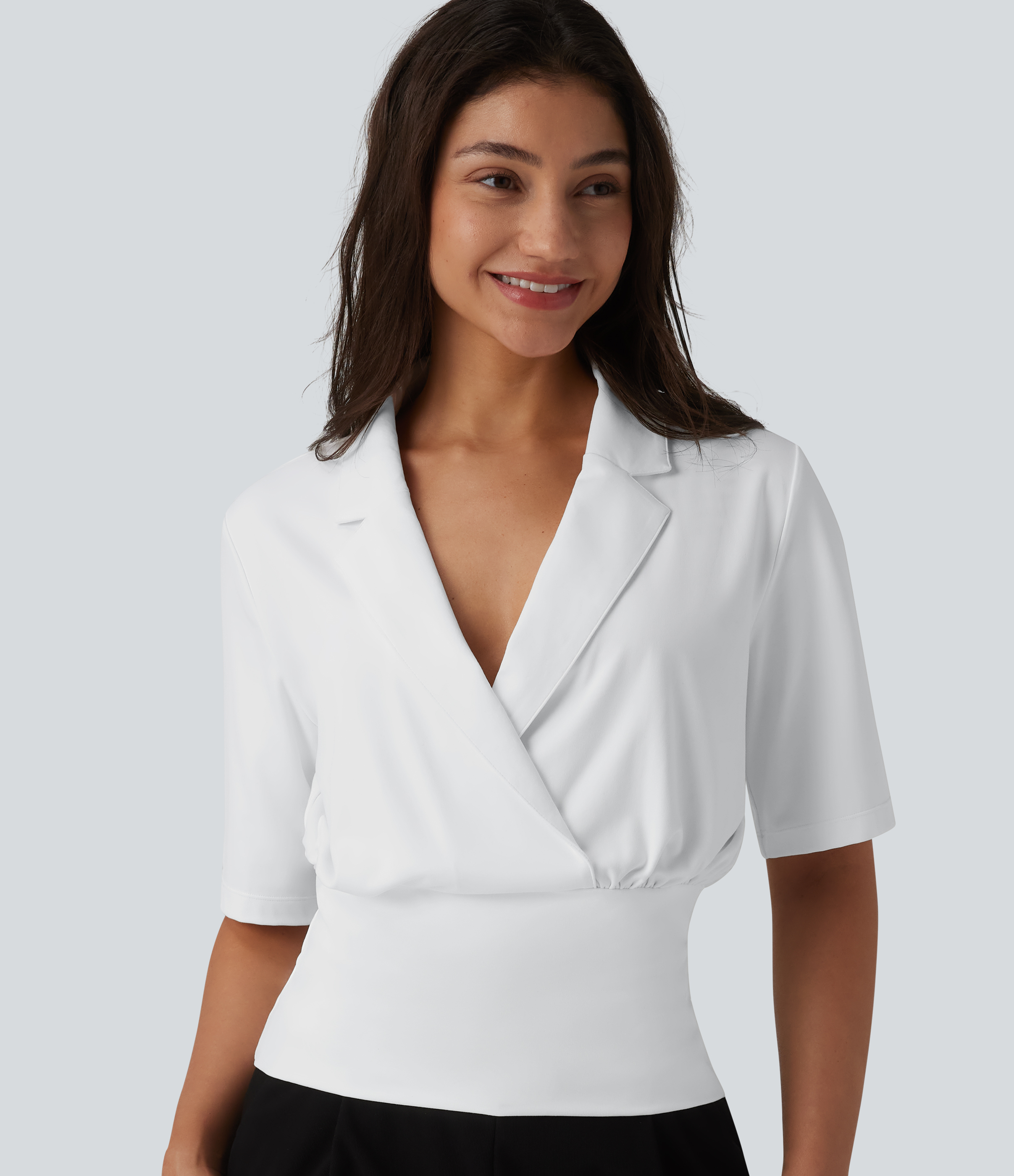 SoftlyZero™ Lapel Short Sleeve Cinched Waist Work Top-UPF50+
