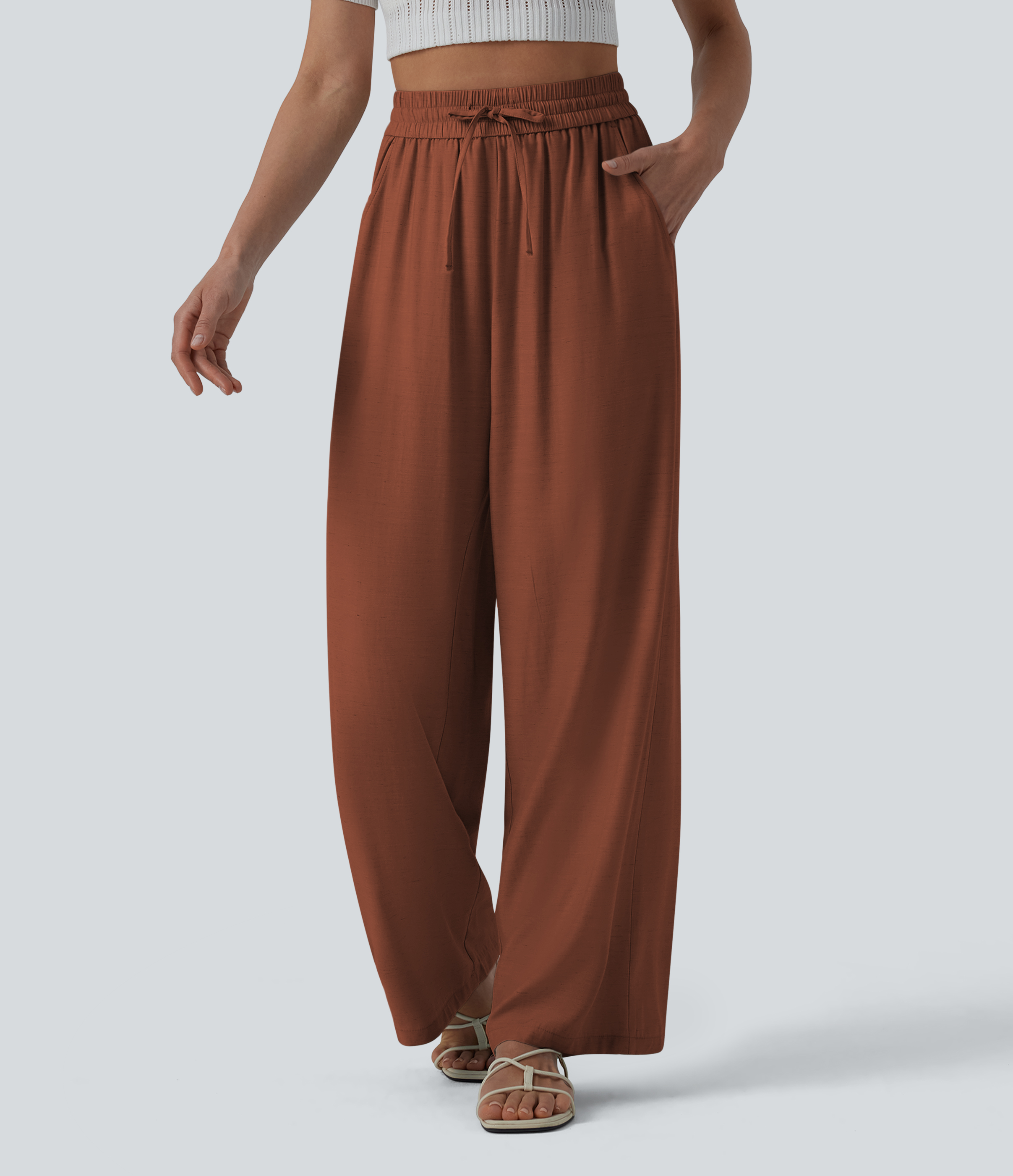Pantalon casual large fluide mélange lin taille haute avec cordon de serrage et poches