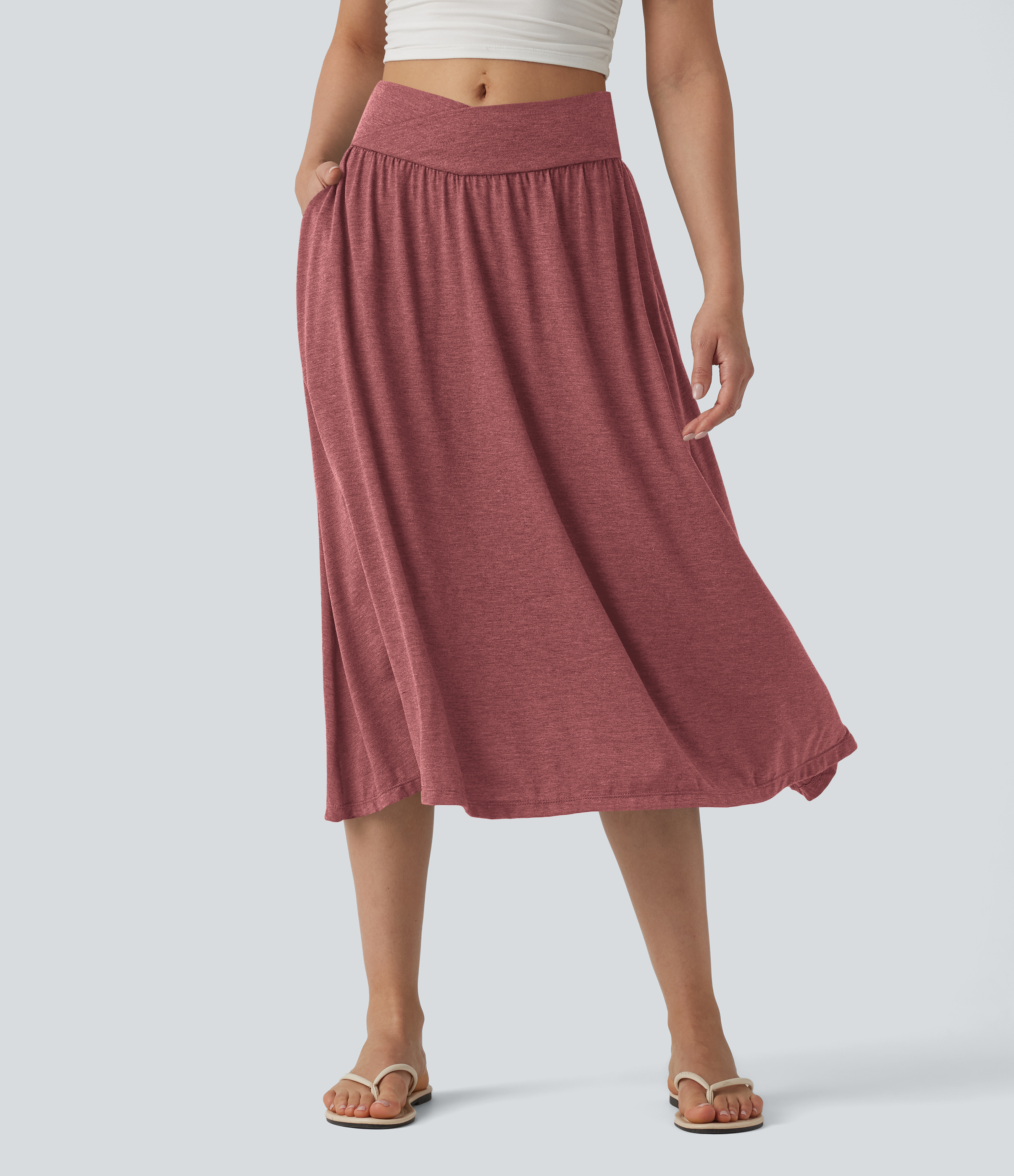 High Waisted Crossover Flowy Midi Casual Skirt with Pockets