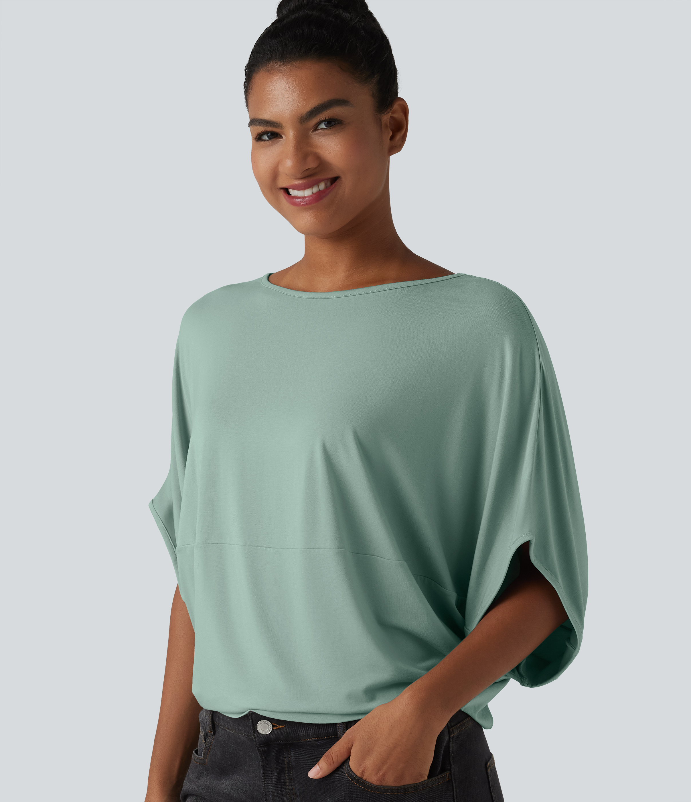 Round Neck Batwing Sleeve Relaxed Casual Top