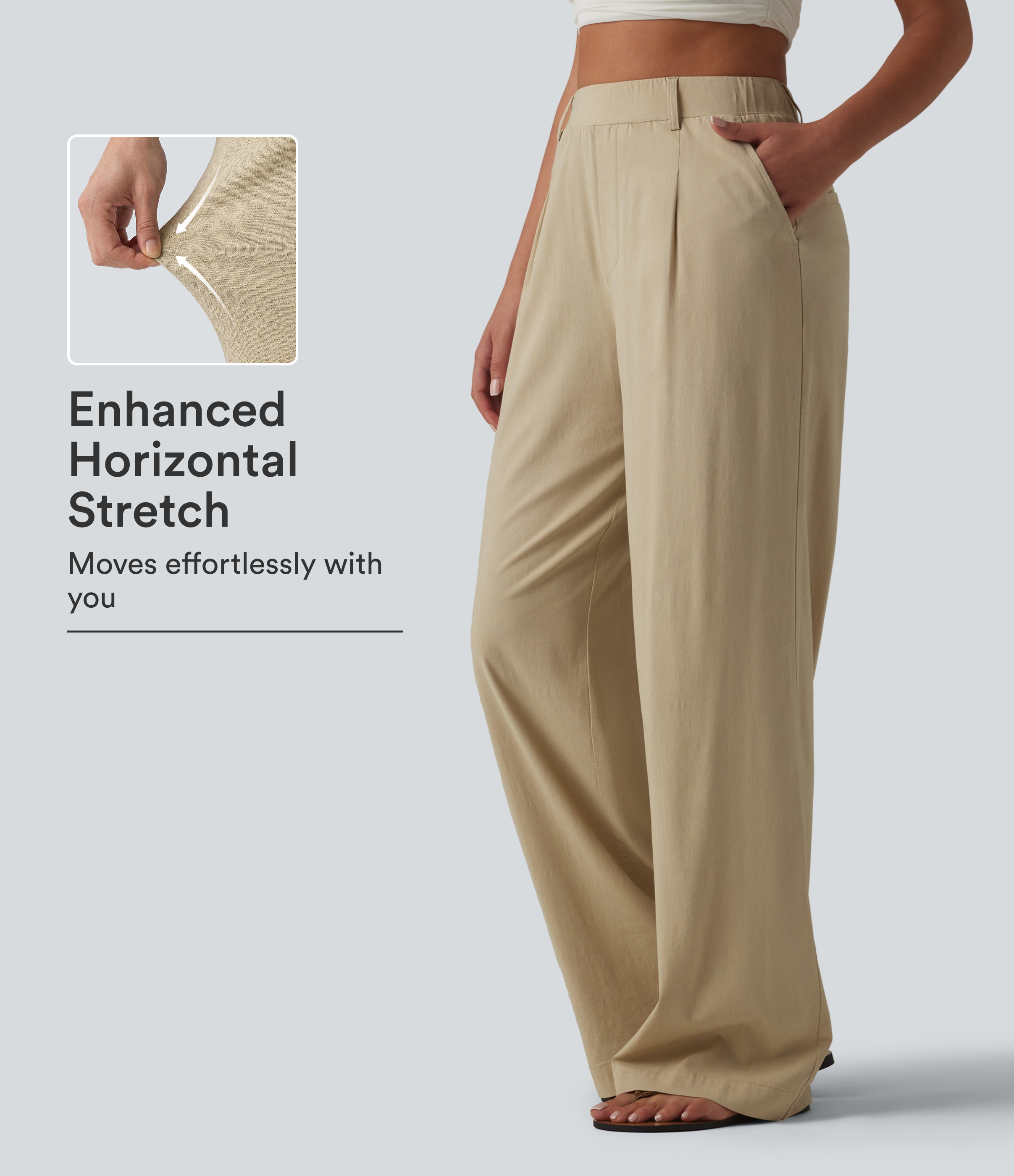 Lässige Leinenhose mit hoher Taille, geradem Bein, Stretch und Taschen