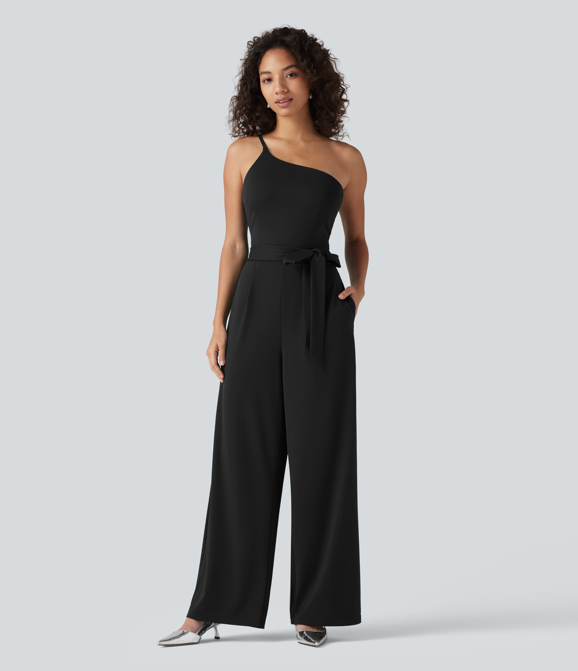One Shoulder Sleeveless Belted Built-in Bra Party Jumpsuit with Pockets- Easy Peezy
