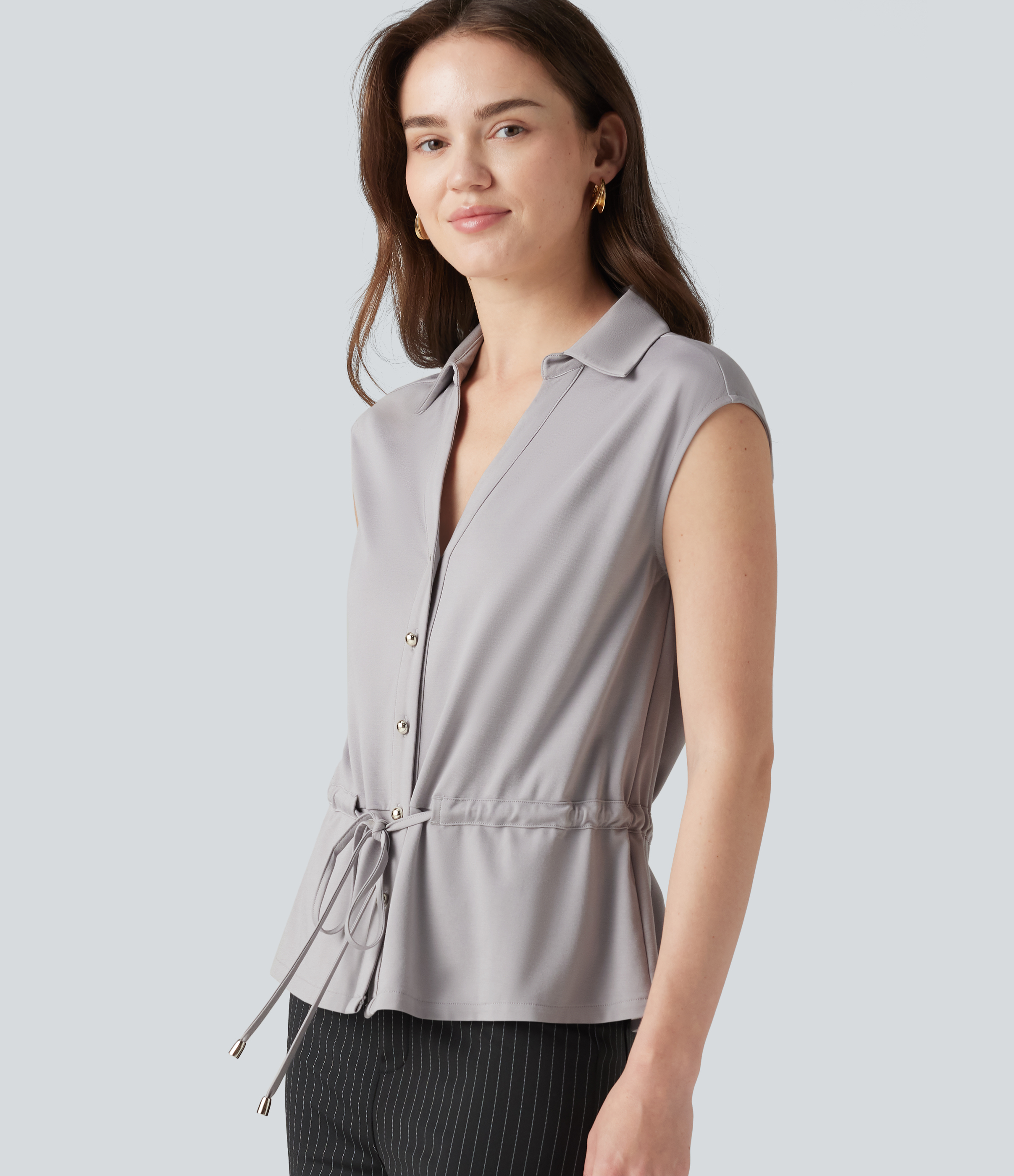 V-neck Sleeveless Button Fly Drawstring Work Shirt