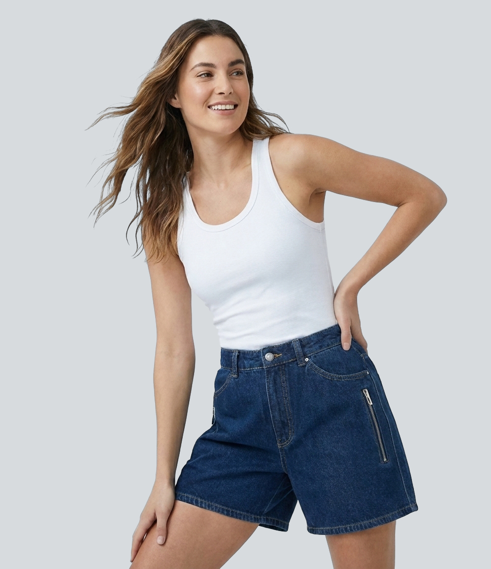 Halara Flex™ Denim Mid Rise Zipper Casual Baggy Shorts with Pockets