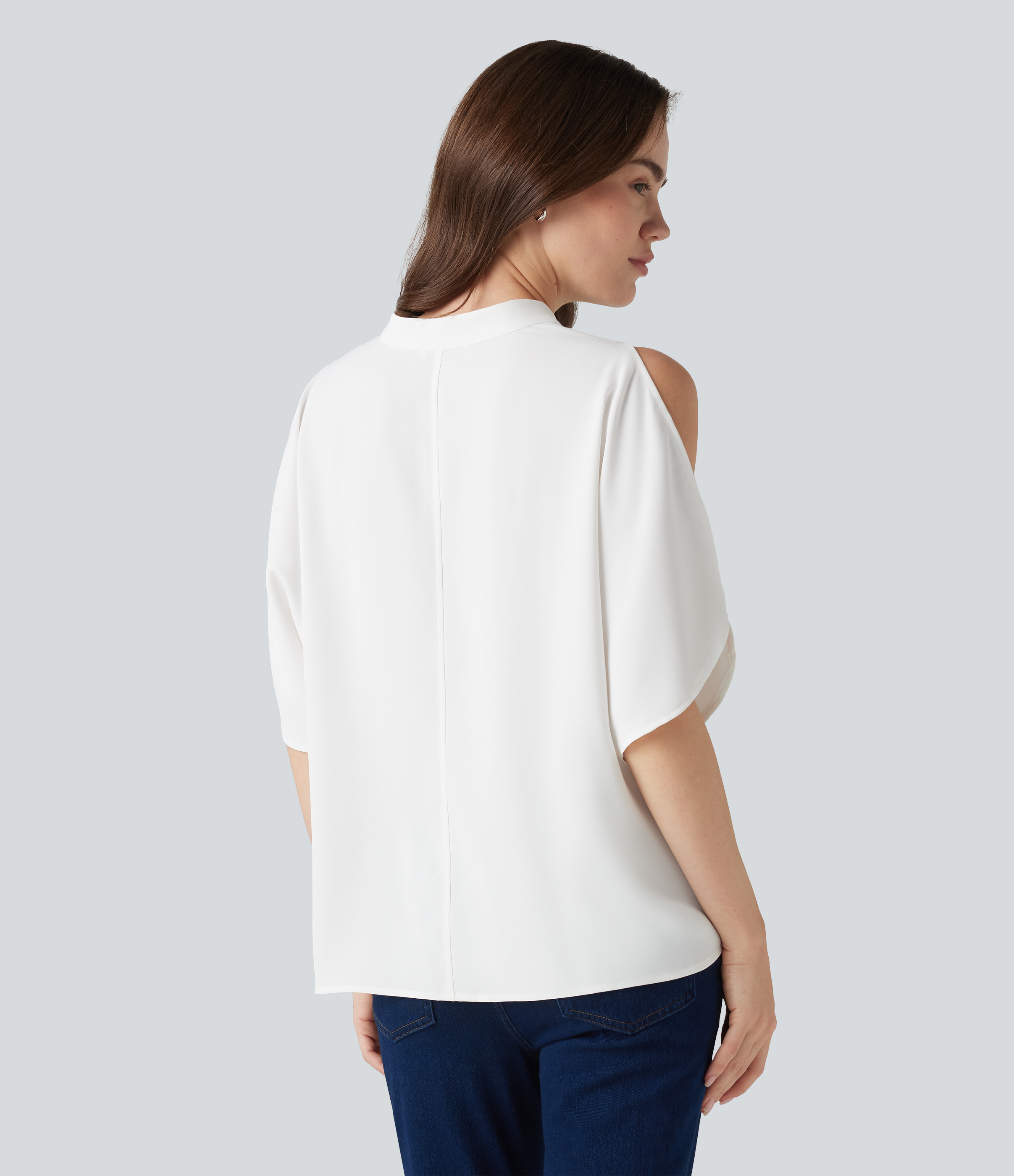 White V Neck Short Sleeve Cut Out Work Blouse / 2