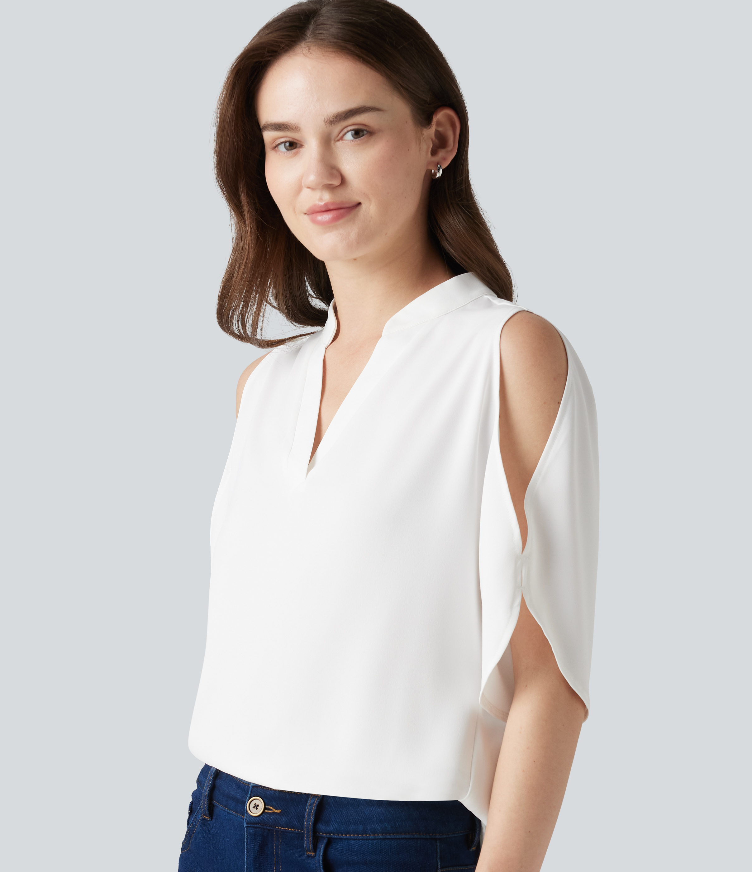 V Neck Short Sleeve Cut Out Work Blouse