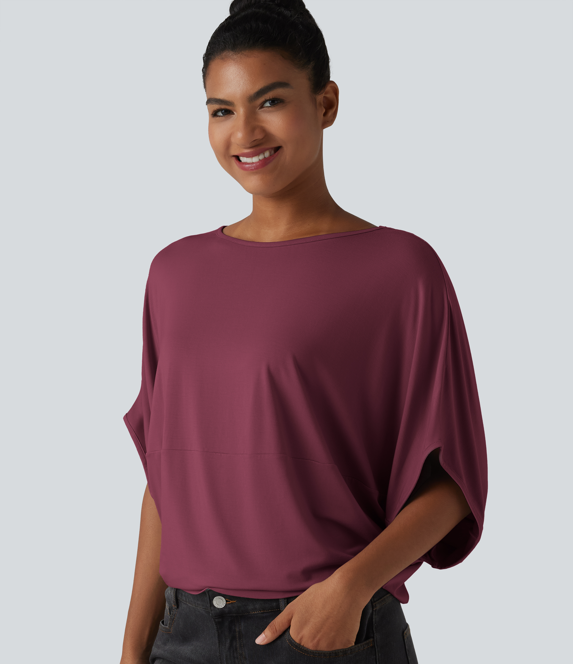 Round Neck Batwing Sleeve Relaxed Casual Top
