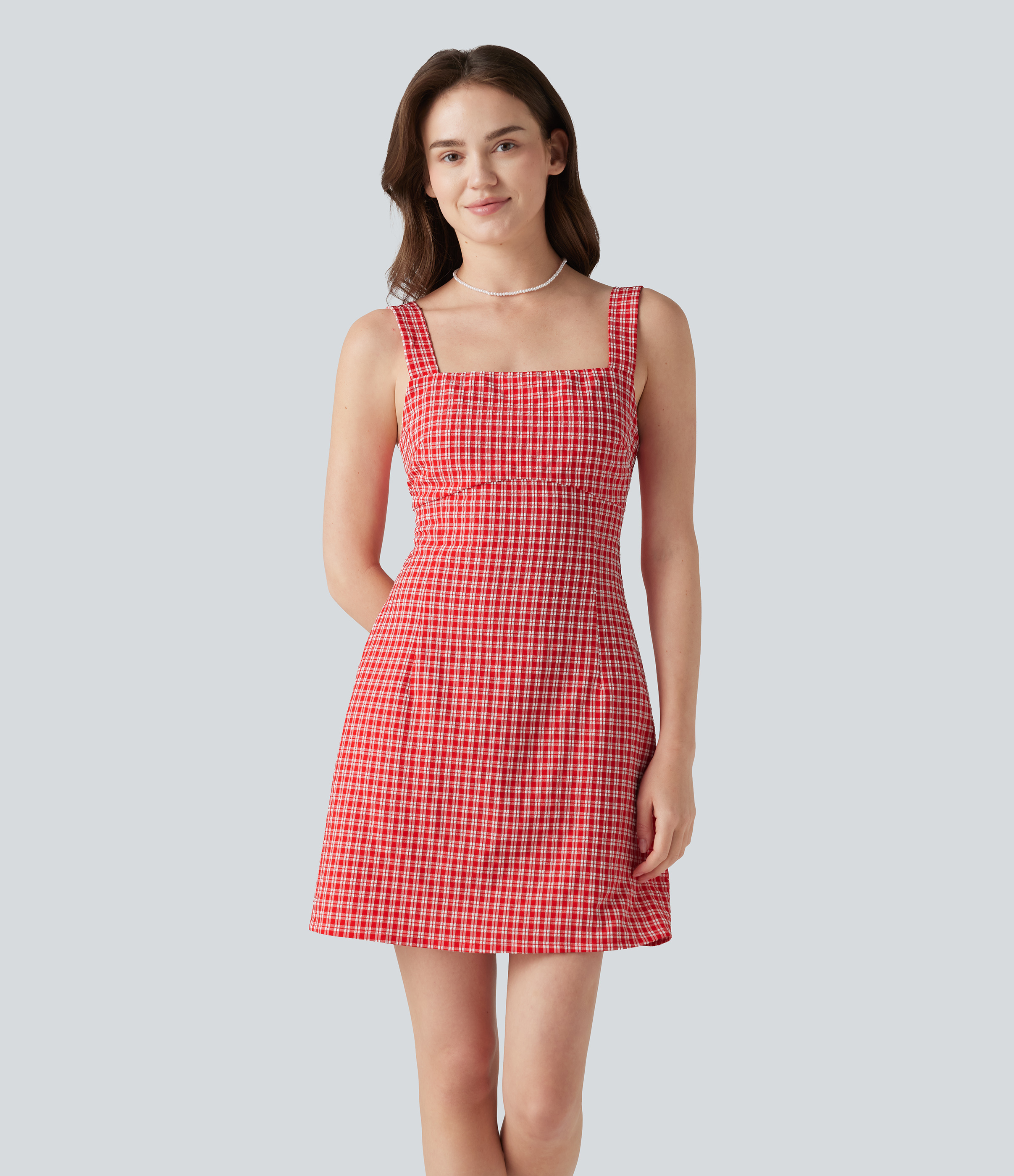 Cherry Crush Square Neck Tie Back Gingham Mini Casual Dress with Pockets / 2