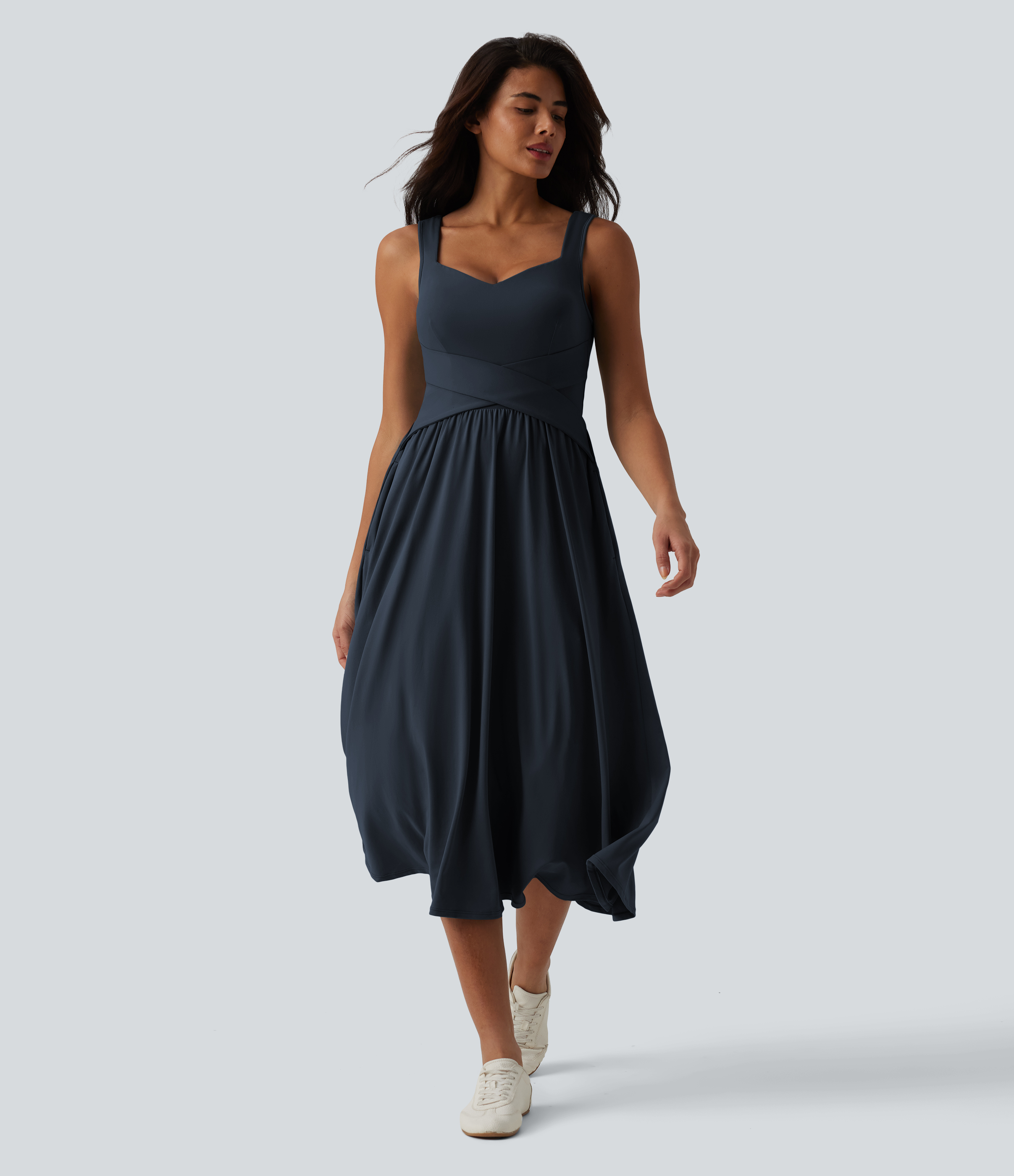 Sleeveless Crossover Flowy Midi Casual Dress with Pockets DD-F
