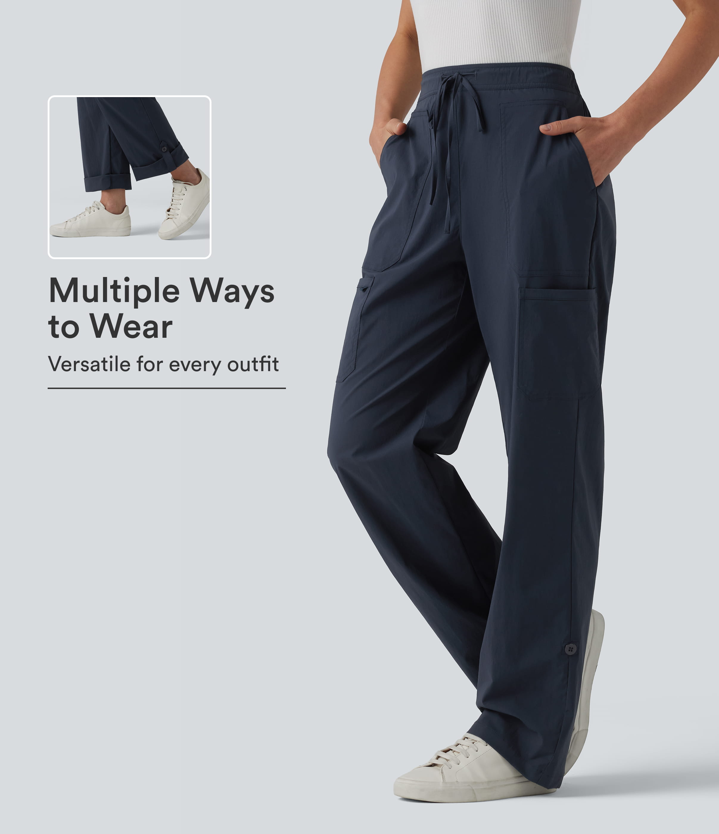 Mid Rise Drawstring Adjustable Pant Length Casual Straight Leg Cargo Pants with Pockets
