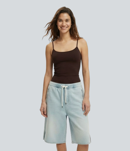 Halara Flex™ Denim Mid Rise Drawstring Zipper Split Hem Casual Baggy Bermuda Shorts with Pockets