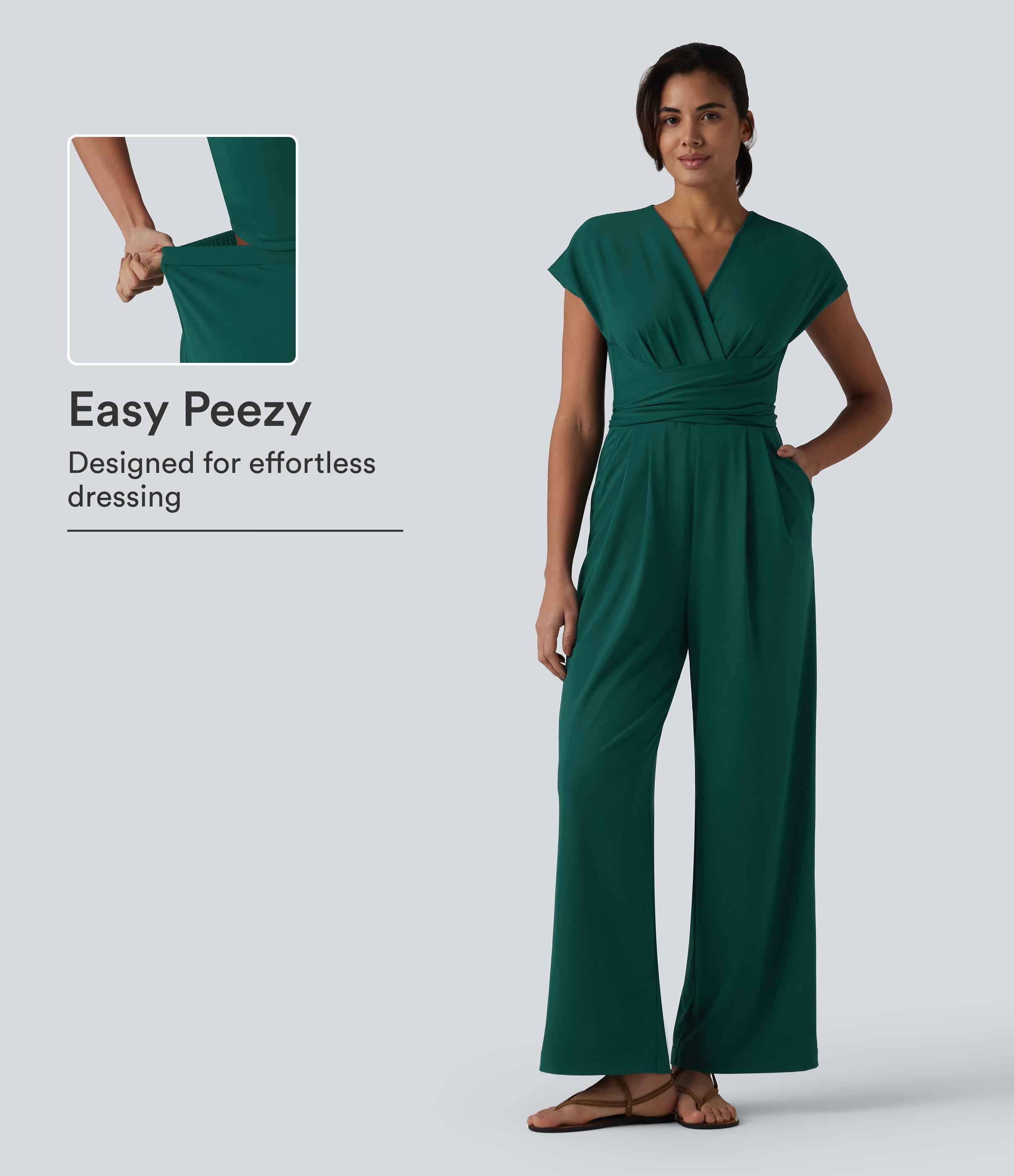 V-neck Short Sleeve Crossover Tie Pleated Work Jumpsuit with Pockets-Easy Peezy