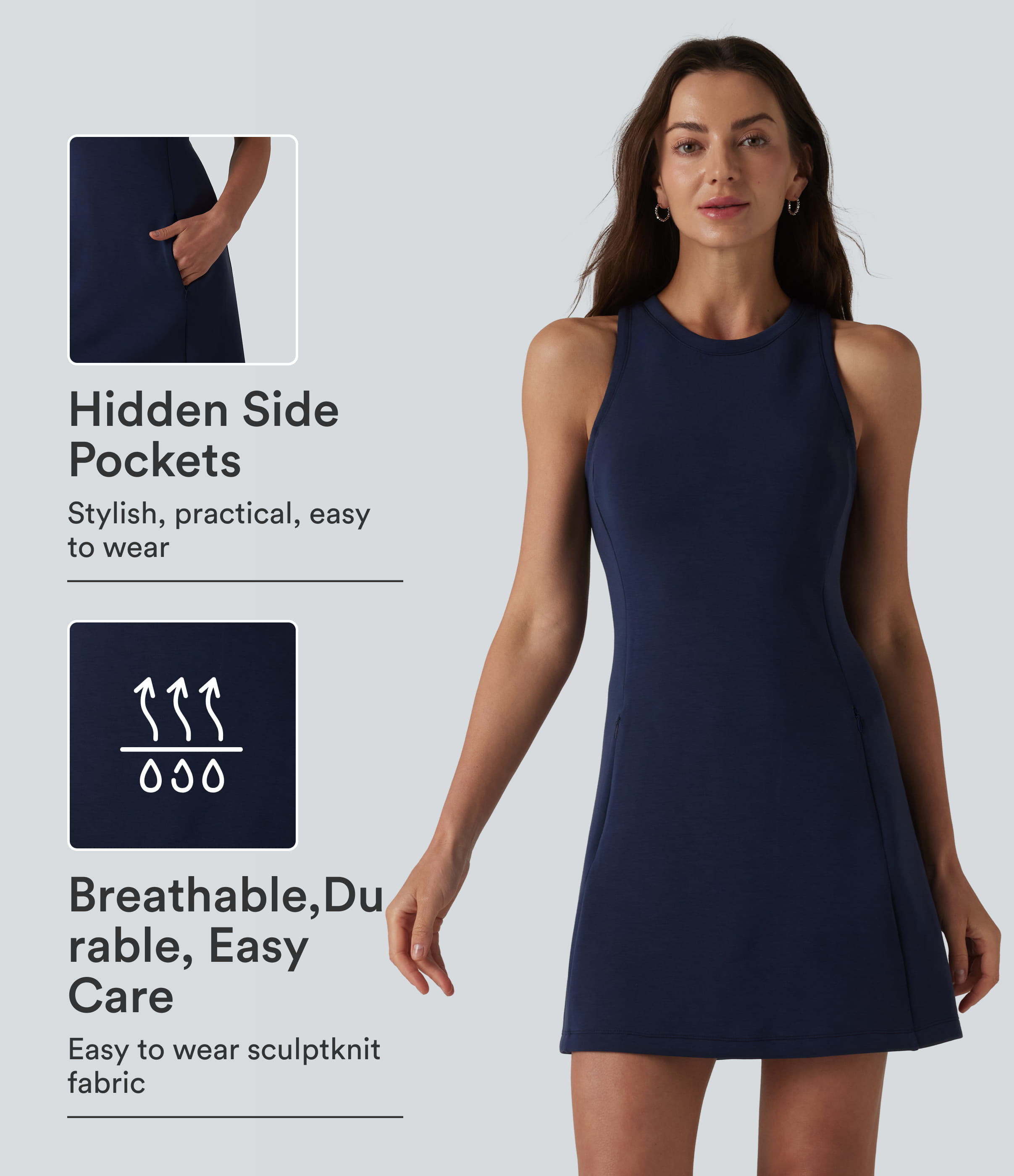 SpacerTek™ Round Neck Sleeveless Mini Casual Dress with Pockets