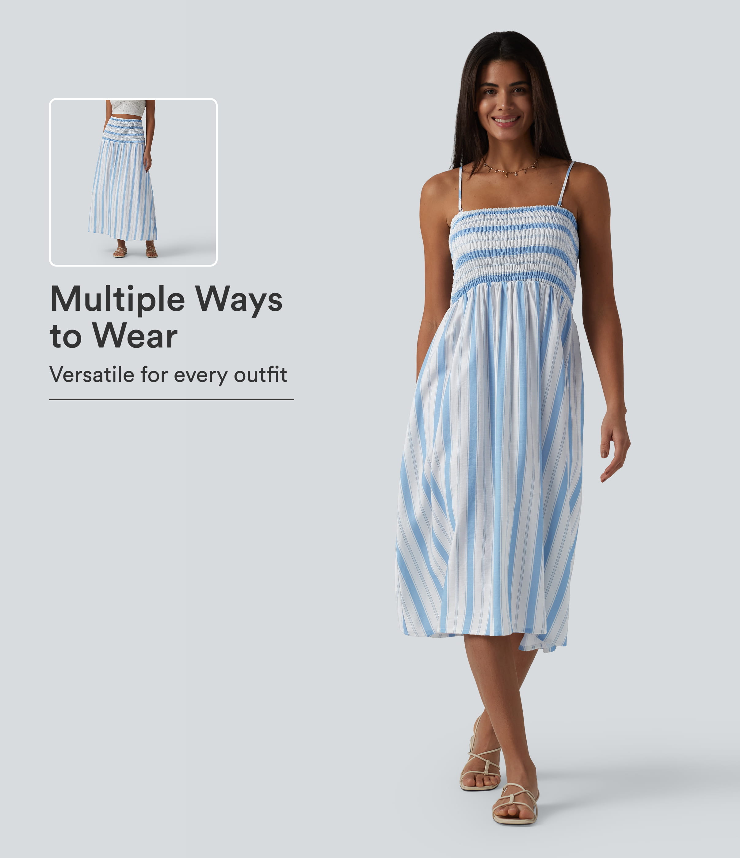 Removable Straps Shirred Stripes Linen-Feel Resort Slip Dress