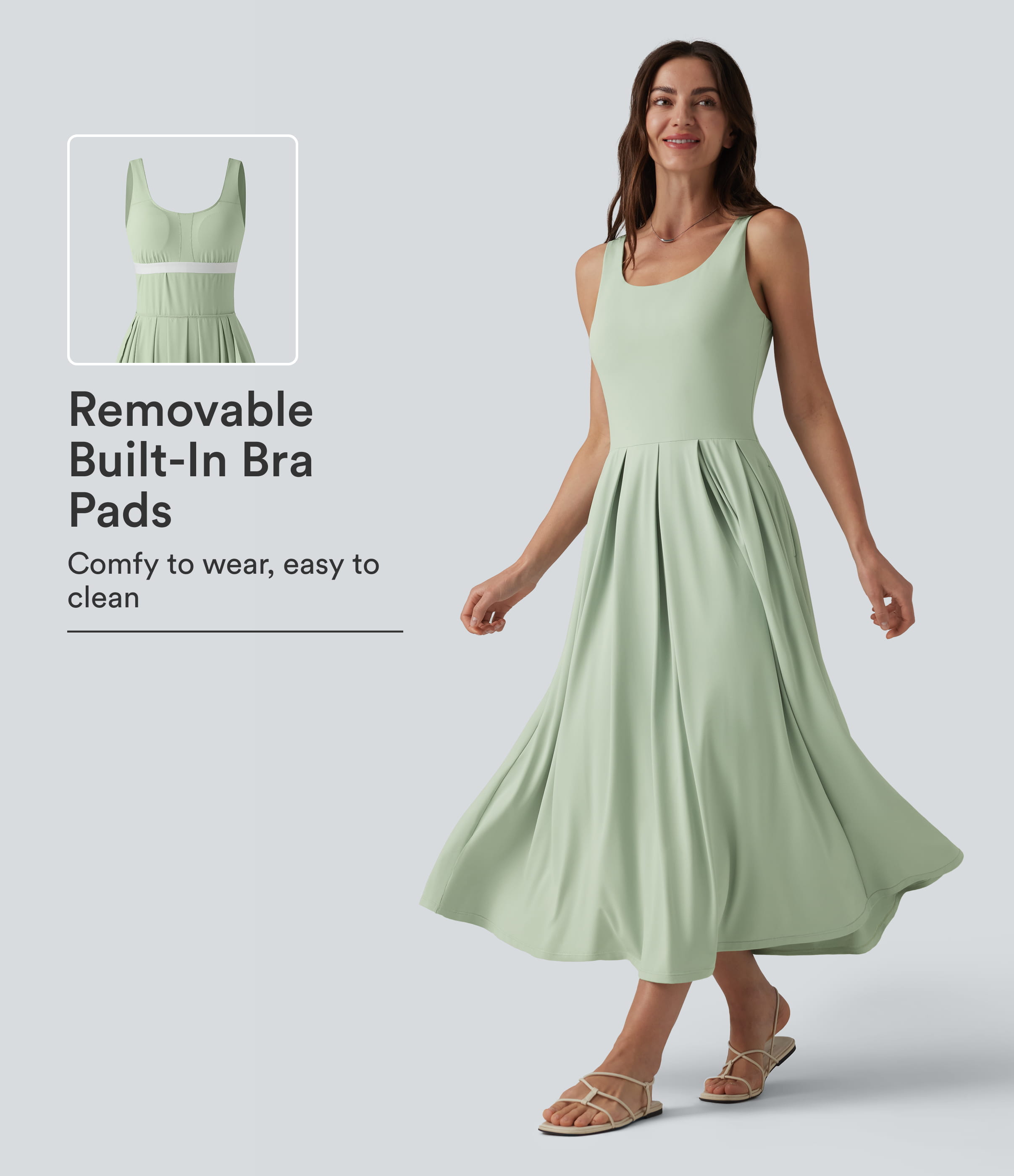 U Neck Built-in Bra Flowy Midi Casual Tank Dress with Pockets