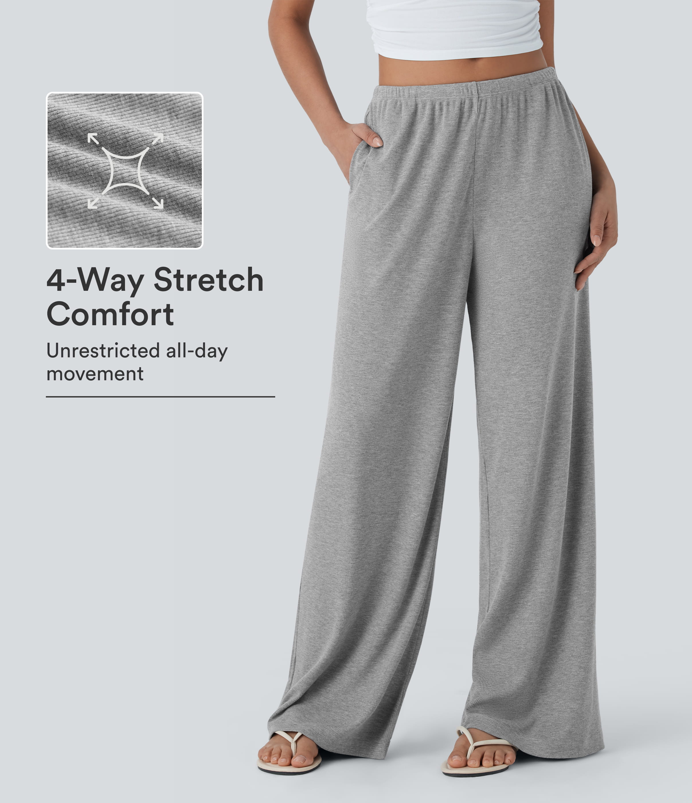 High Stretch Ribbed Low Rise Drawstring Wide Leg Flowy Casual Pants with Pockets