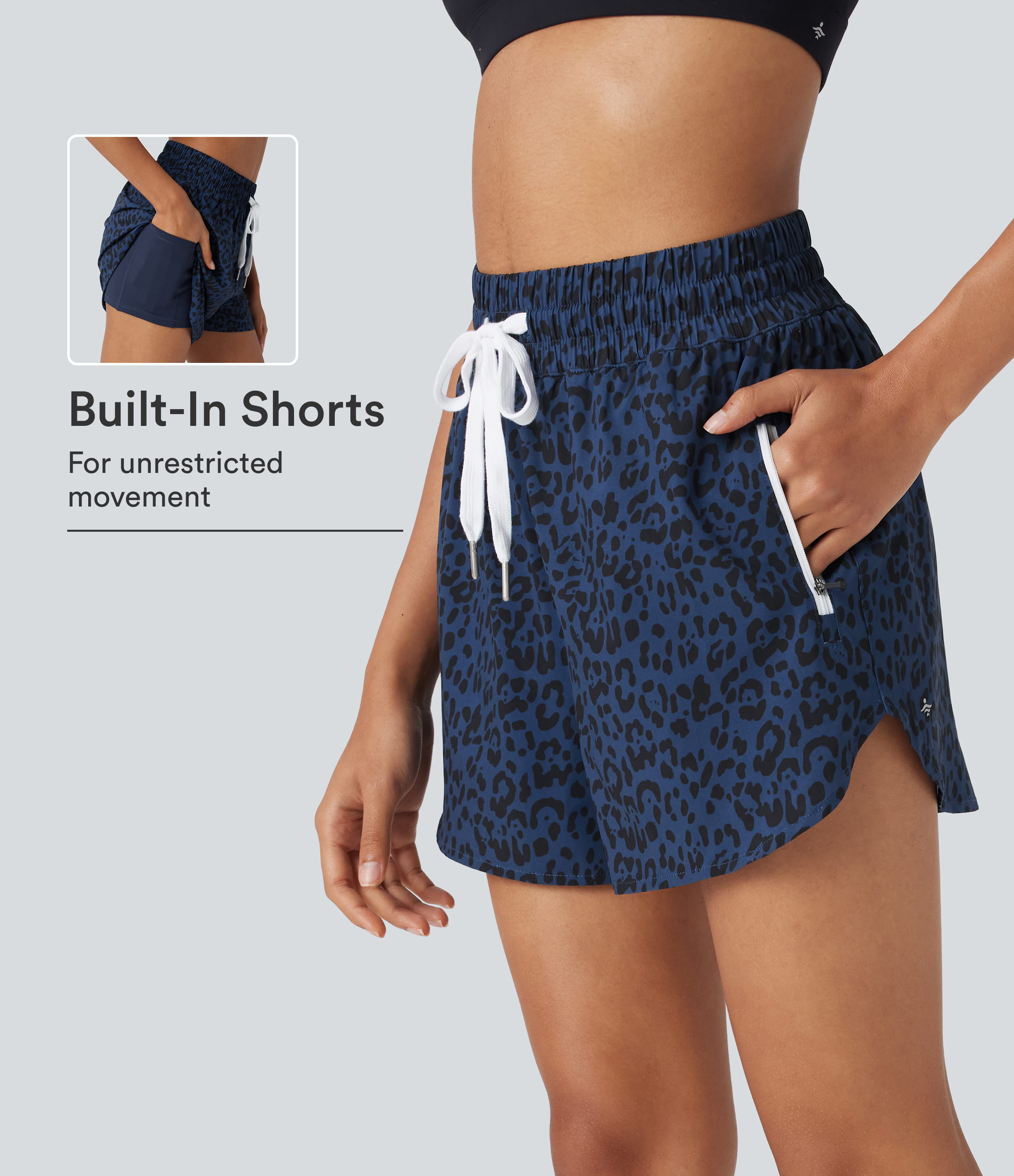 High Waisted Drawstring Curved Hem Leopard Print 2-in-1 Workout Shorts with Pockets